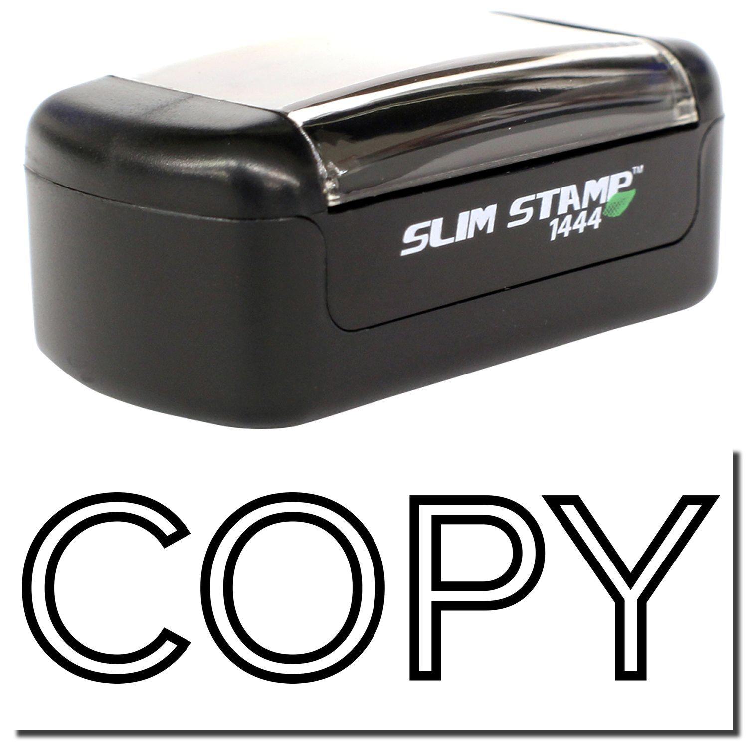 Slim Pre-Inked Outline Font Copy Stamp in black, featuring the word COPY in bold outline font, with a compact design.