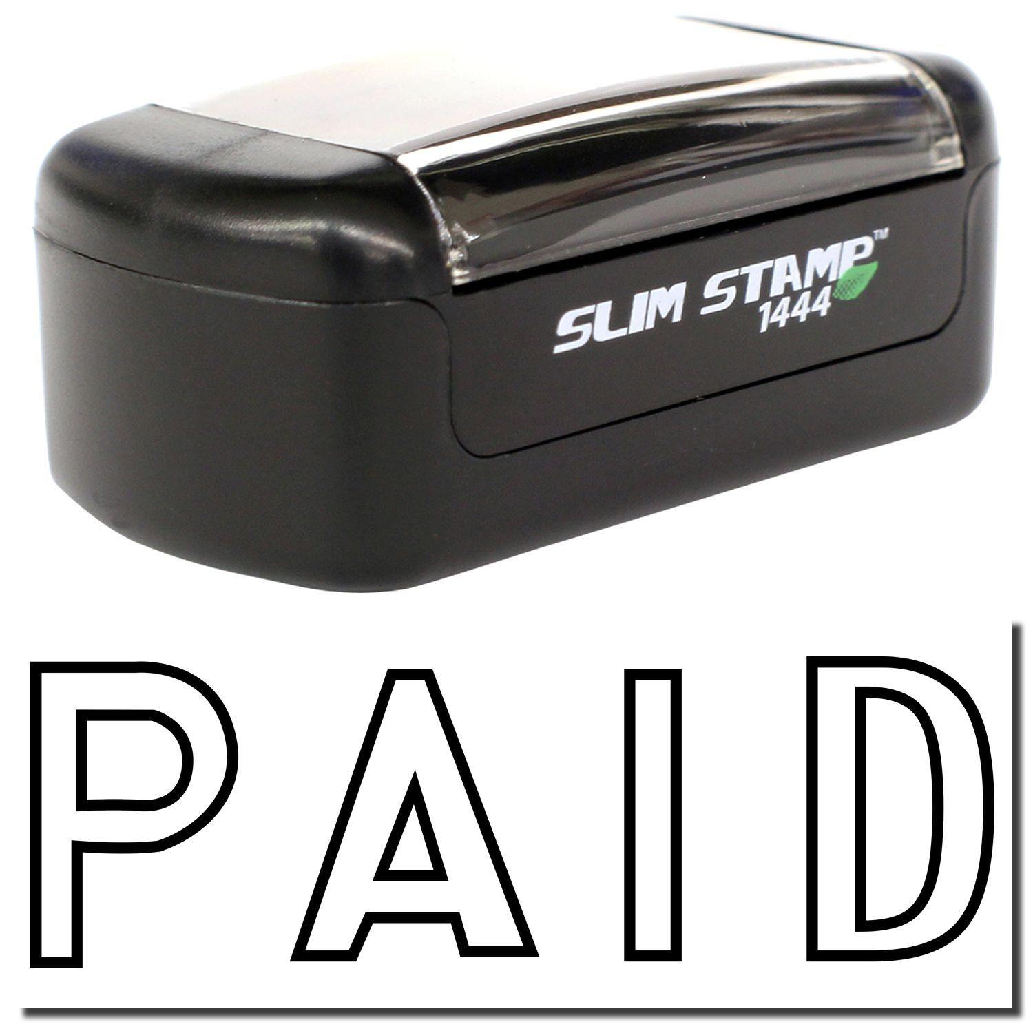 Slim Pre-Inked Outline Paid Stamp with black casing and 'PAID' text in bold outline font below the stamp.