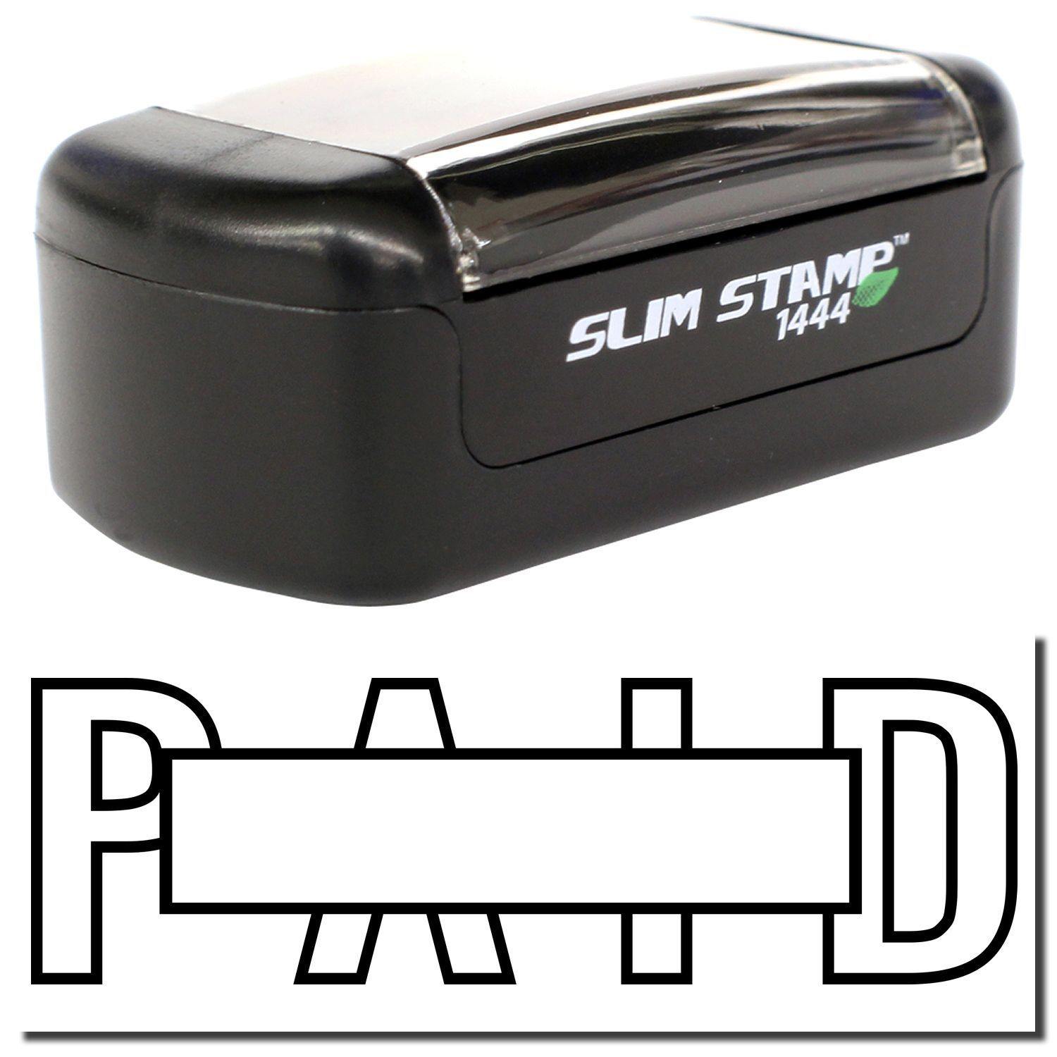 Slim Pre-Inked Outline Paid with Box Stamp in black, featuring a compact design and the word PAID in bold outline text.