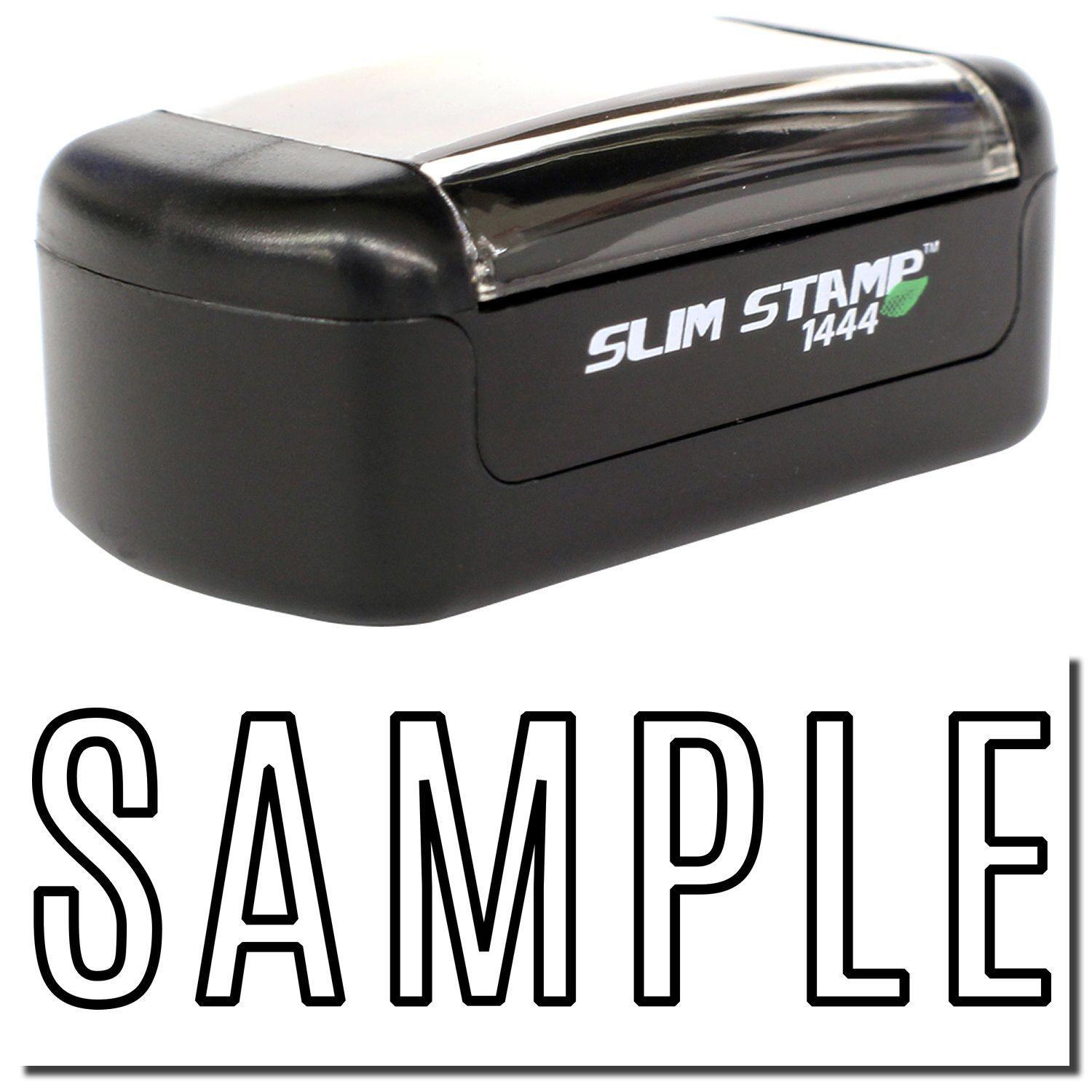 Slim Pre-Inked Outline Sample Stamp in black with SAMPLE text below. Compact design with clear cover and SLIM STAMP 1444 label.