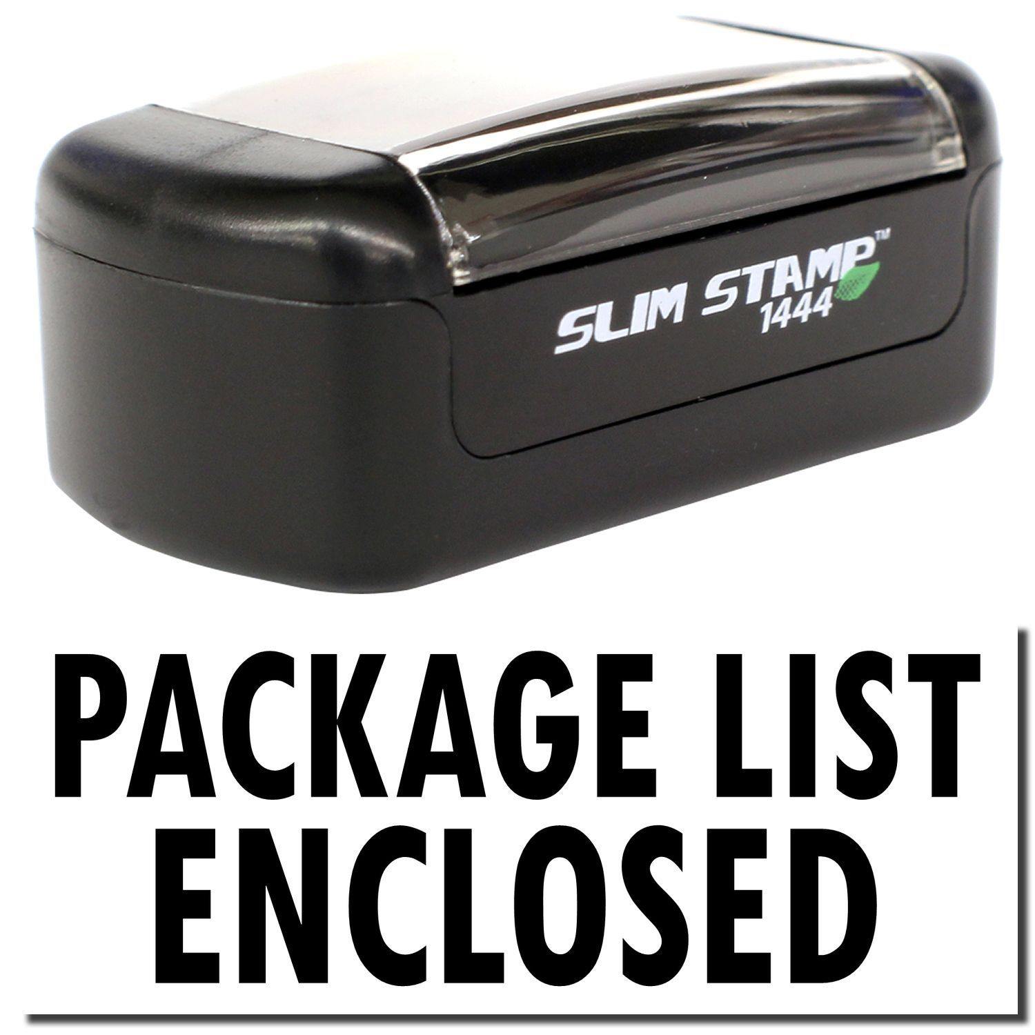 Slim Pre-Inked Package List Enclosed Stamp in black with clear cover, featuring bold PACKAGE LIST ENCLOSED text below the stamp.