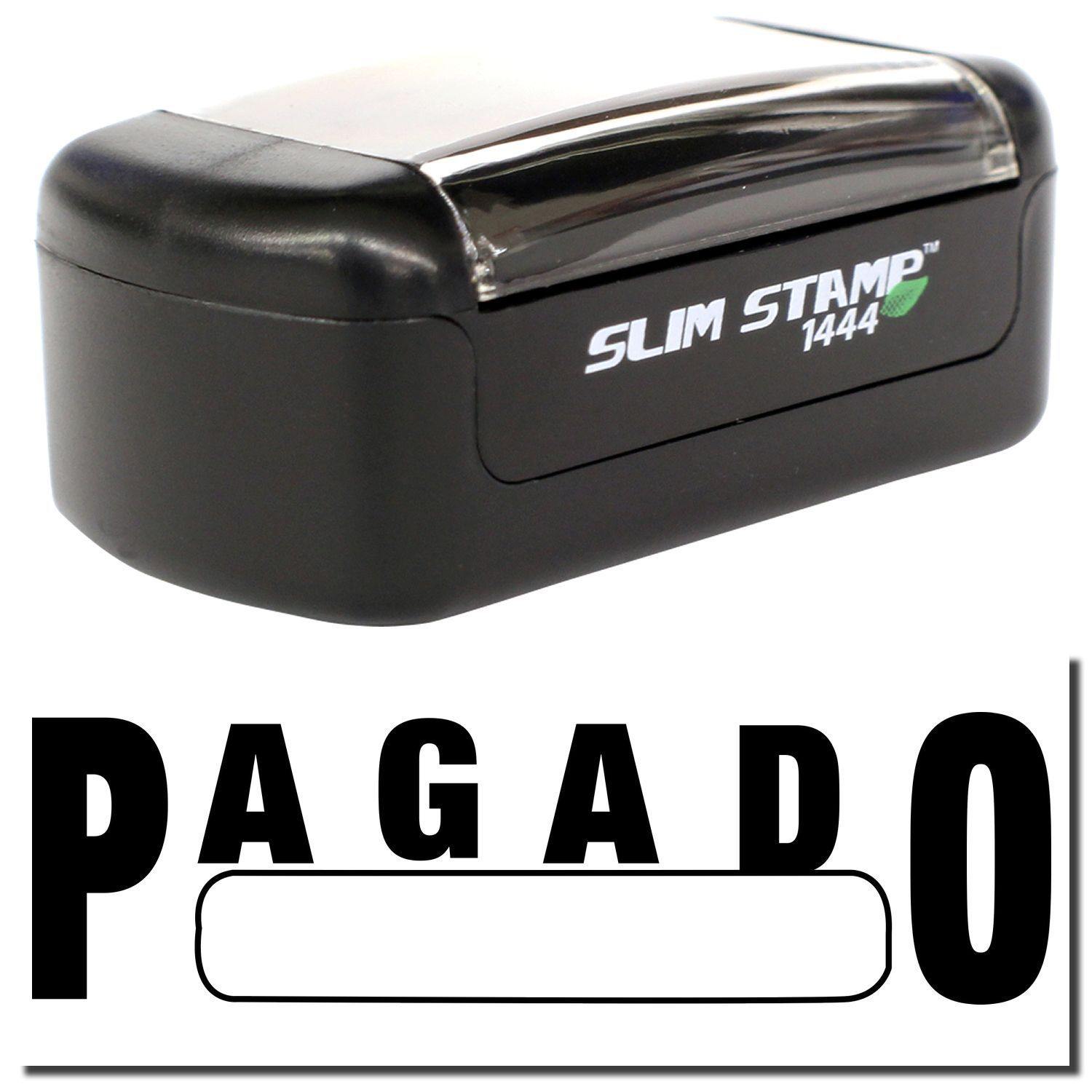 Slim Pre-Inked Pagado with Box Stamp, black, compact design, shown with PAGADO text and a blank box for customization.