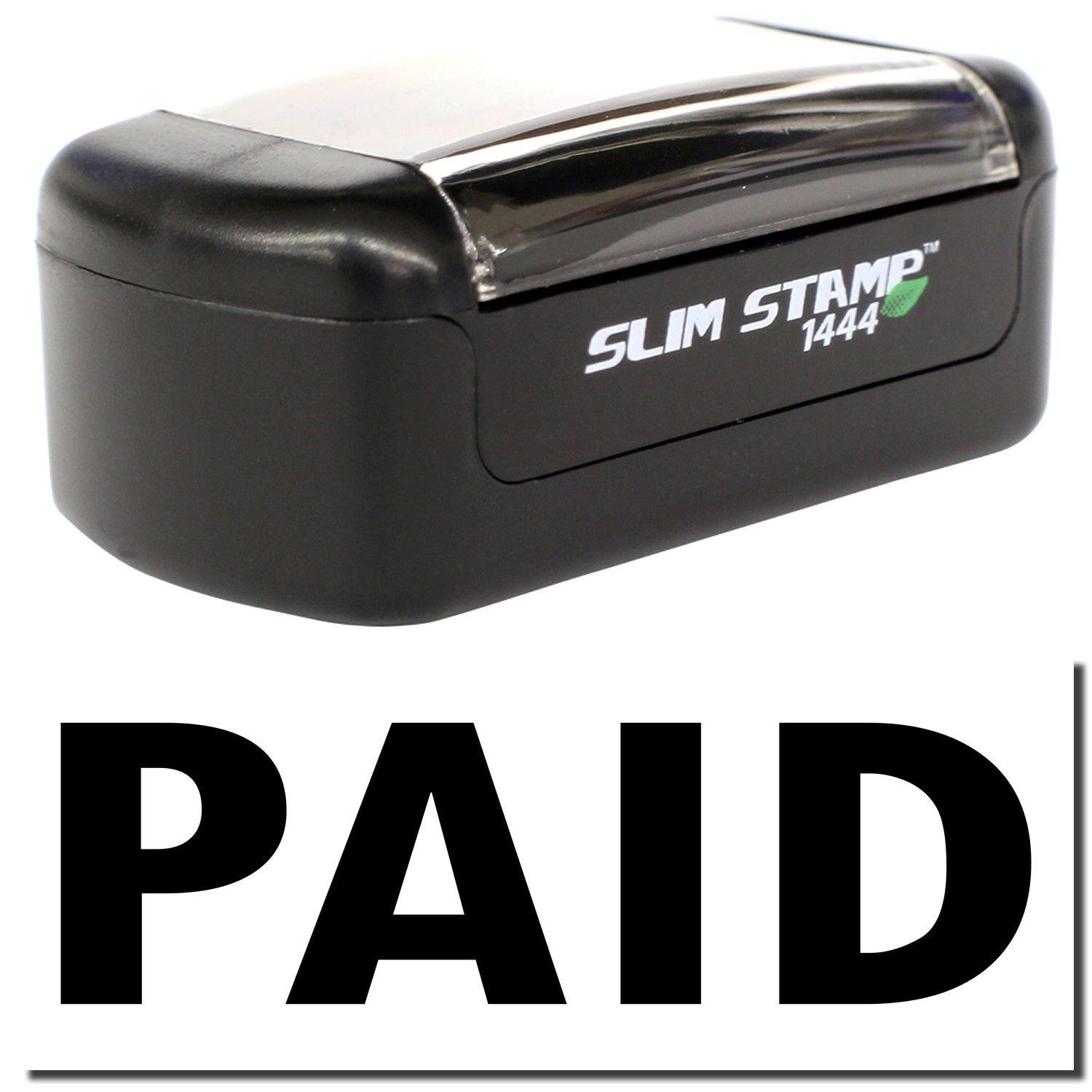 Slim Pre-Inked Paid Stamp in black with PAID text below. Compact design, ideal for office use.