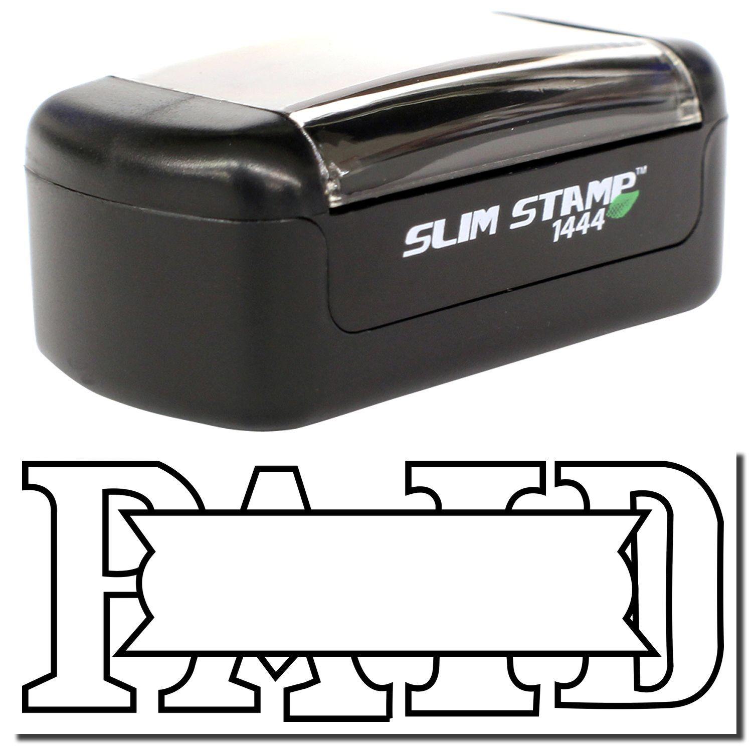 Slim Pre-Inked Paid with Box Stamp in black, featuring a compact design and a clear PAID imprint with a box for additional text.