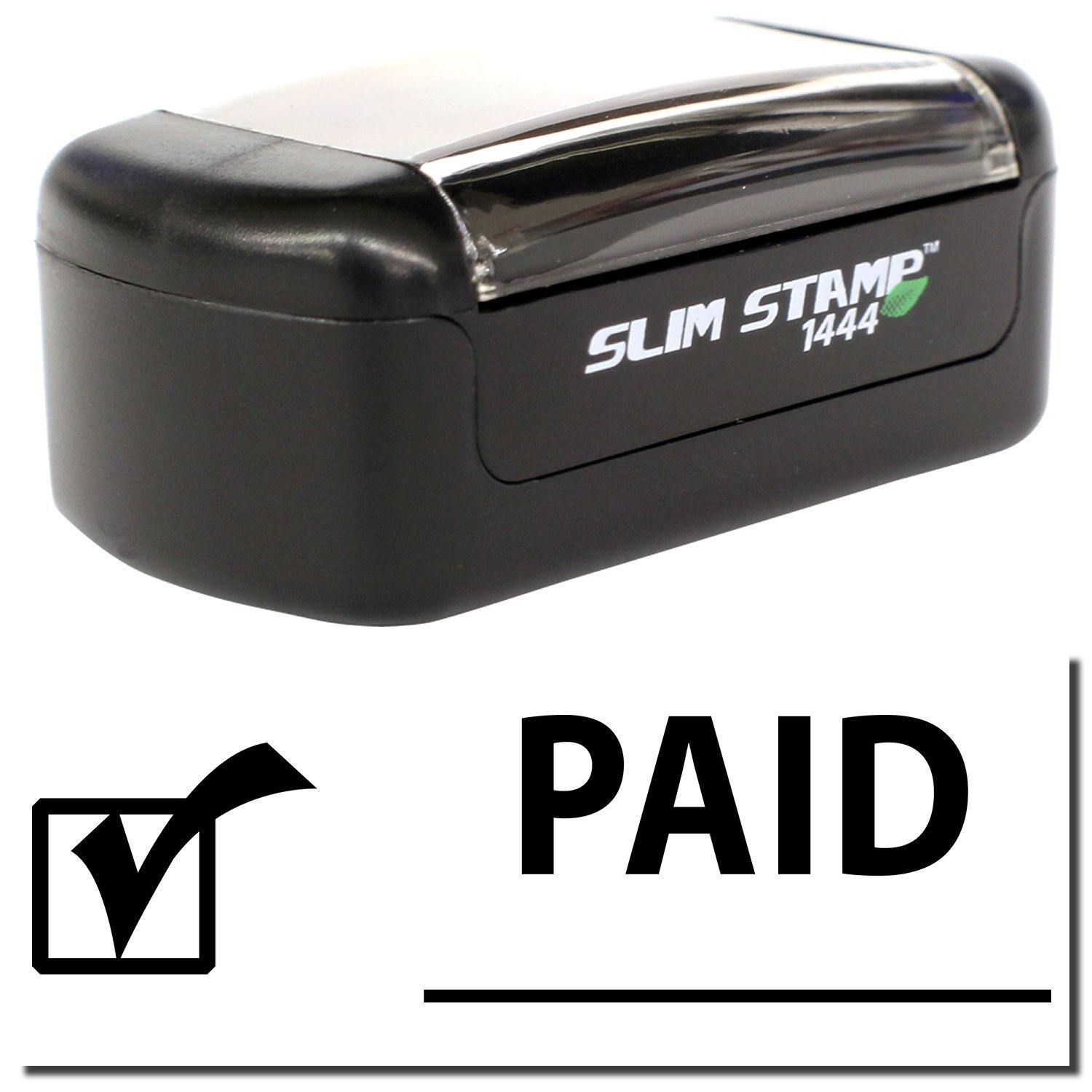 Slim Pre-Inked Paid with Checkmark Stamp, black, compact design, with PAID and checkmark symbol displayed below.