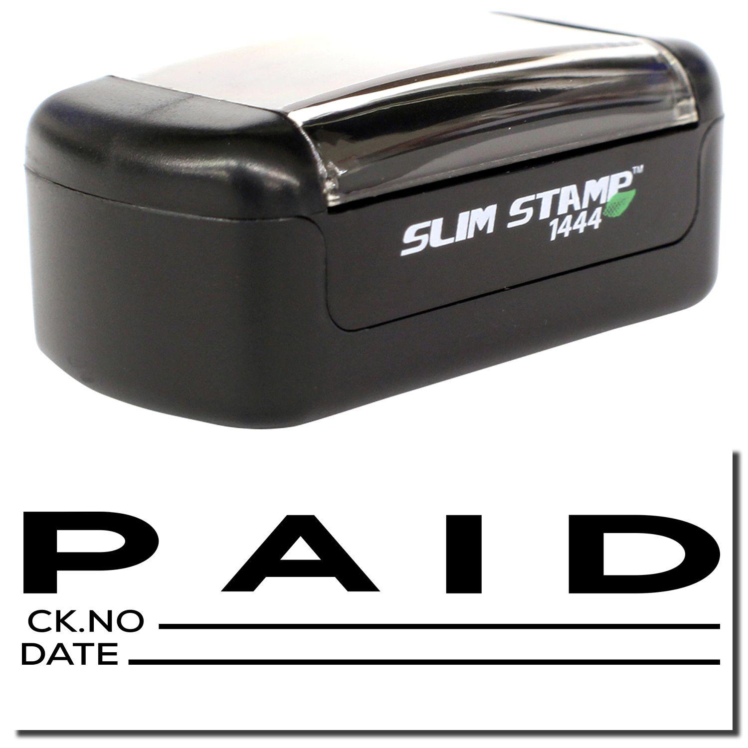 Slim Pre-Inked Paid with Ck No Stamp, black casing, showing PAID with spaces for check number and date.