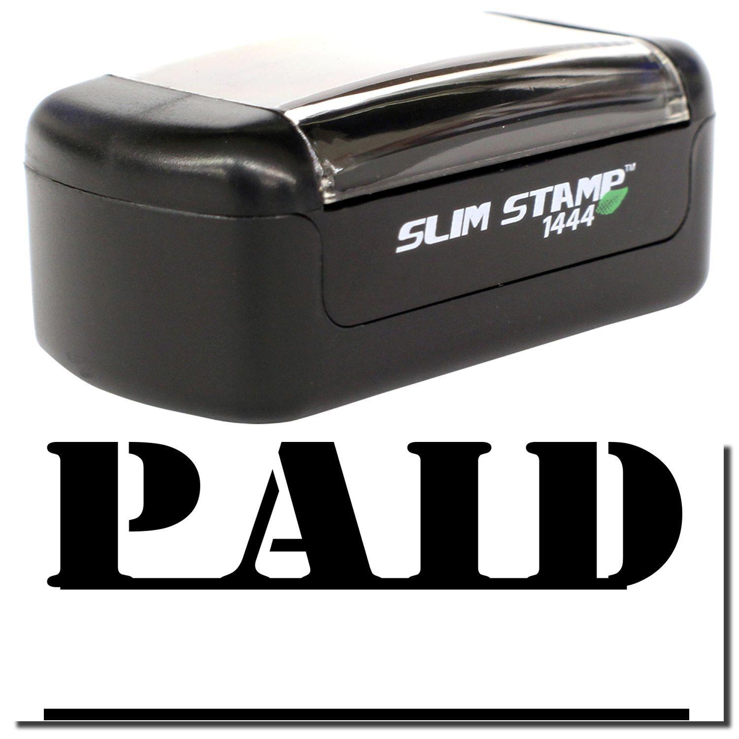 Slim Pre-Inked Paid with Date Line Stamp in black, showing the word PAID in bold letters beneath the stamp.