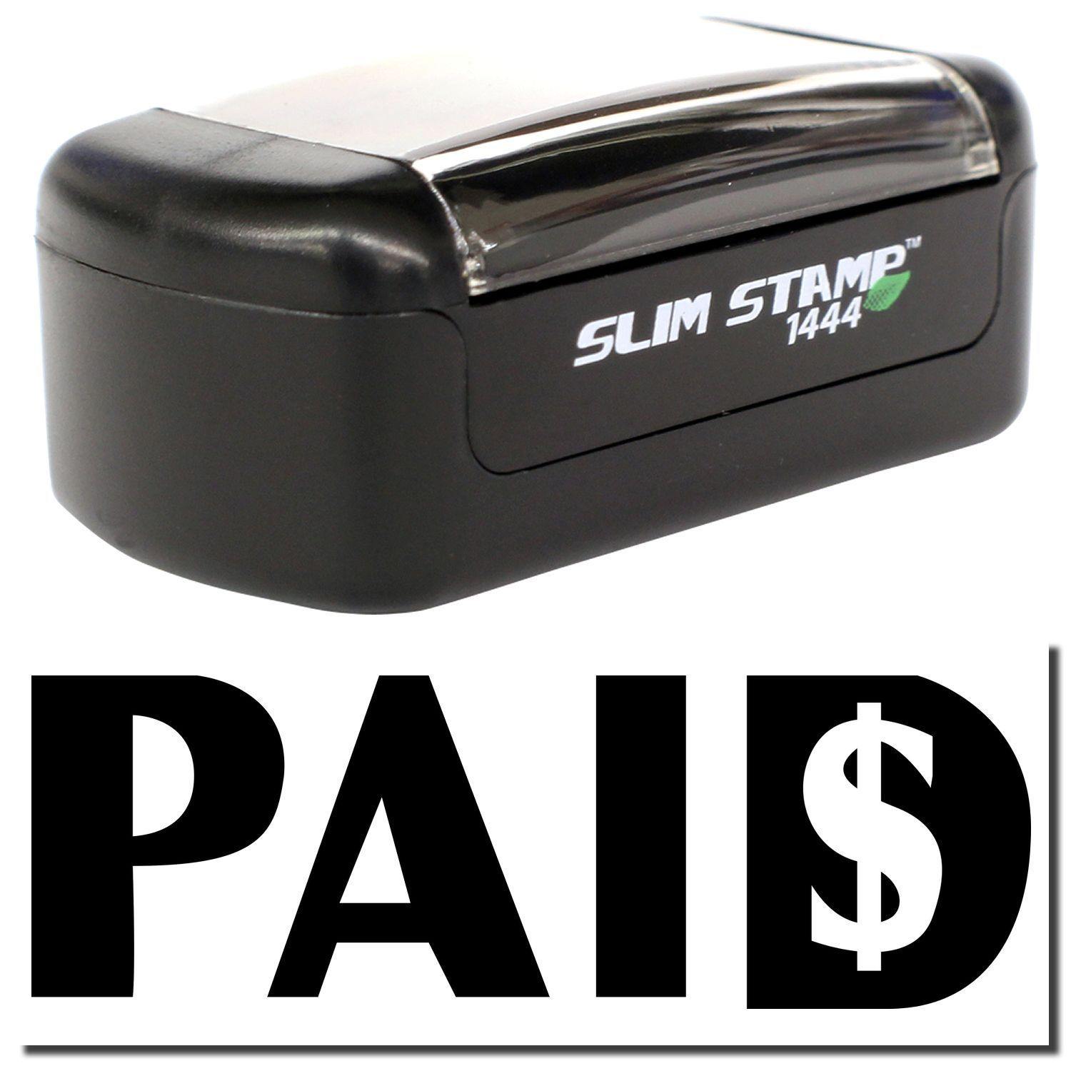 Slim Pre-Inked Paid with Dollar Sign Stamp, black, compact design, with PAID and dollar sign imprint shown below the stamp.