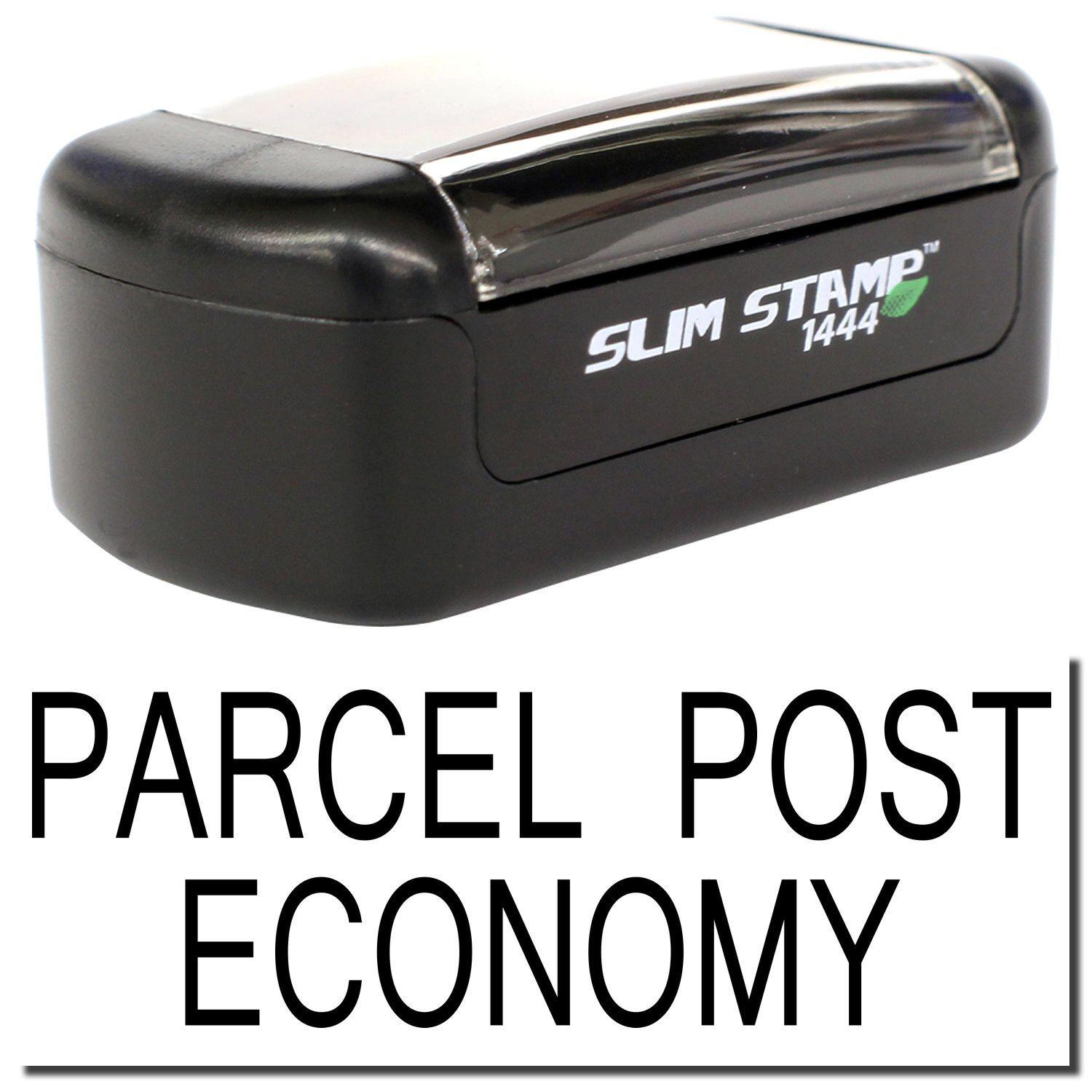 Slim Pre-Inked Parcel Post Economy Stamp with black casing and clear cover, labeled SLIM STAMP 1444, on a white background.