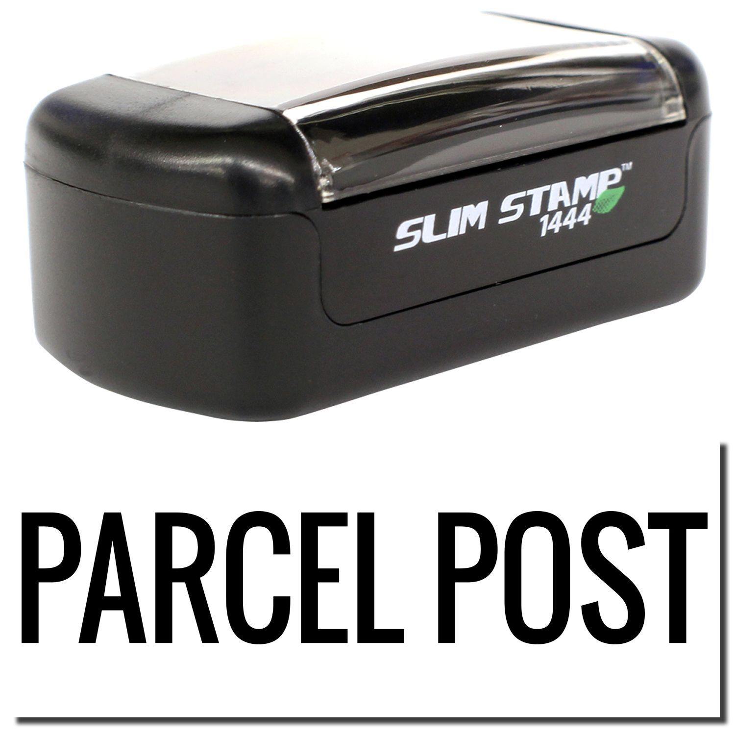 Slim Pre-Inked Parcel Post Stamp with black casing and clear top, featuring the text PARCEL POST in bold letters below.