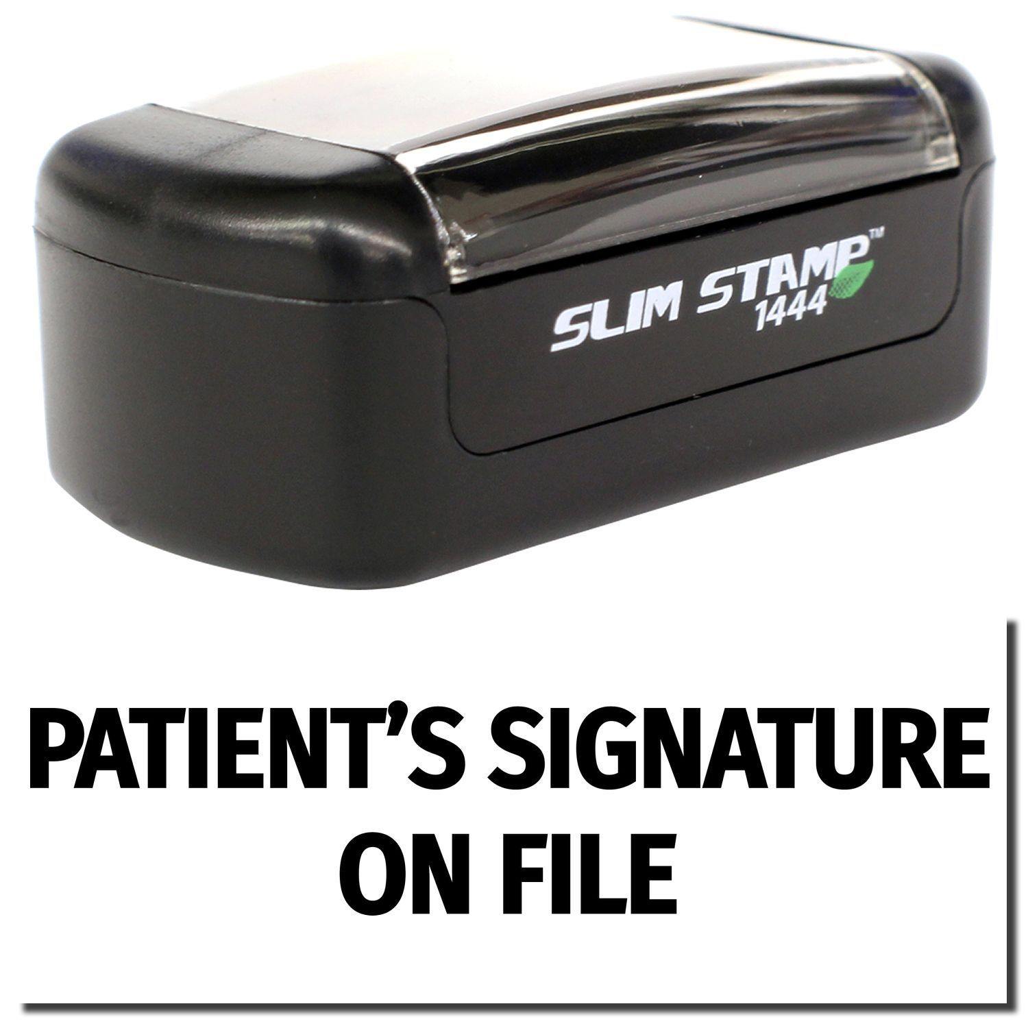 Slim Pre-Inked Patients Signature on File Stamp, black, compact design with clear cover, text reads PATIENT'S SIGNATURE ON FILE .