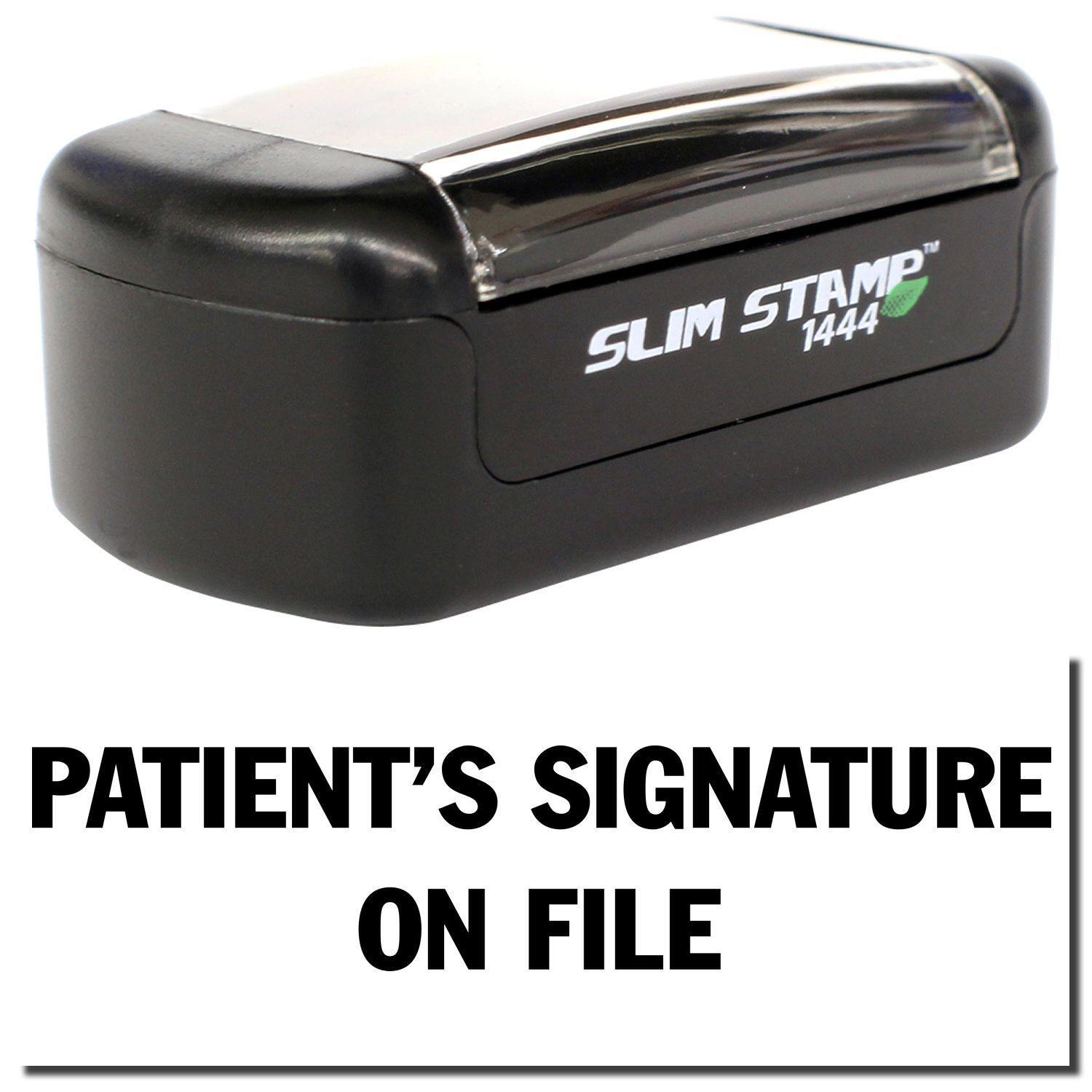 Slim Pre-Inked Patient's Signature on File Stamp, black, compact design with clear cover, shown with text PATIENT'S SIGNATURE ON FILE .