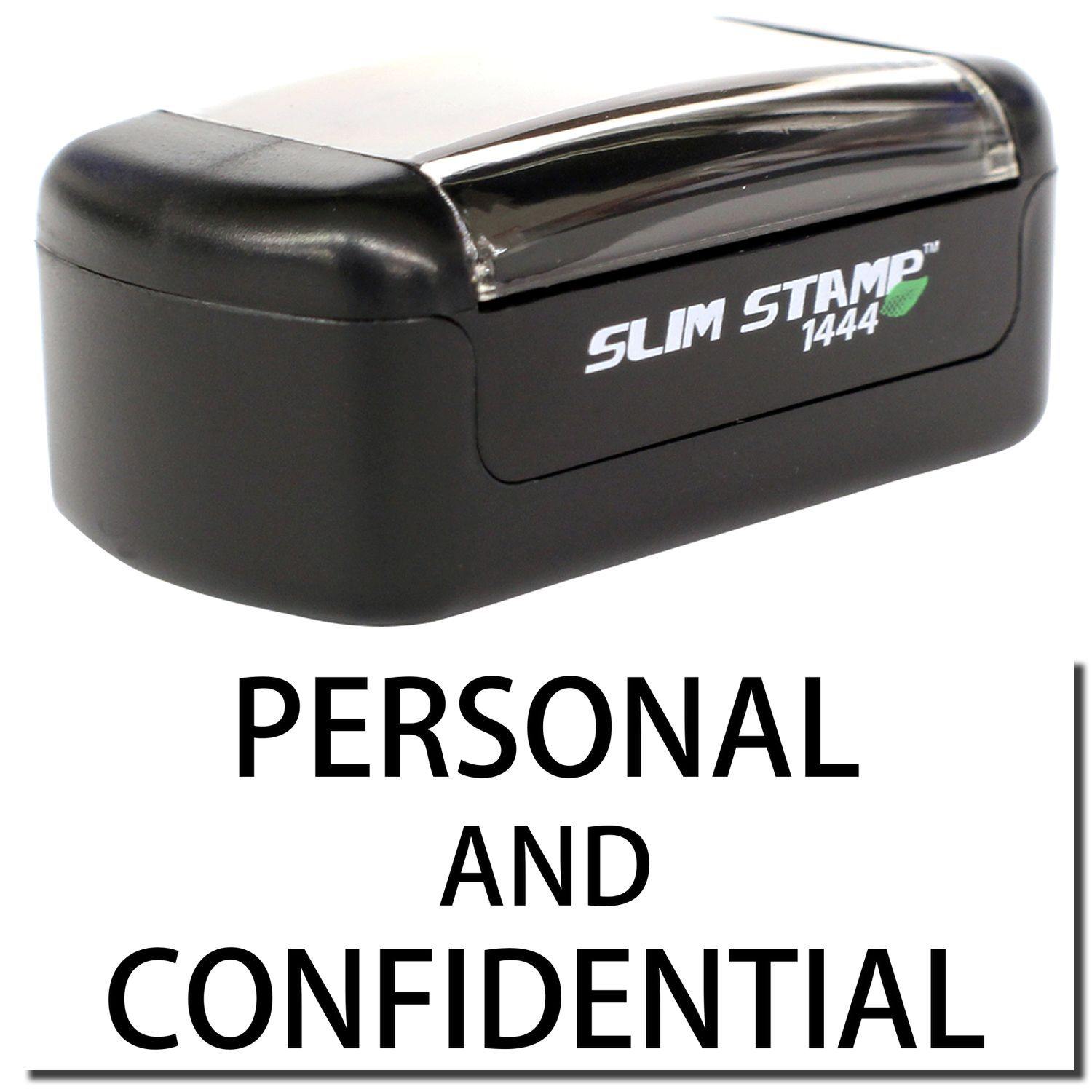 Slim Pre-Inked Personal Confidential Stamp in black, with PERSONAL AND CONFIDENTIAL text below, designed for secure document marking.