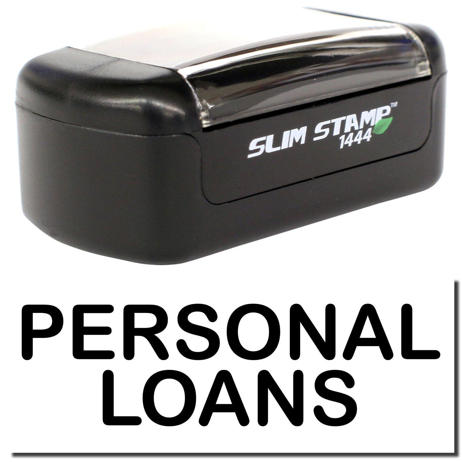 Slim Pre-Inked Personal Loans Stamp, black, with a compact design and clear cover, shown above the text PERSONAL LOANS.