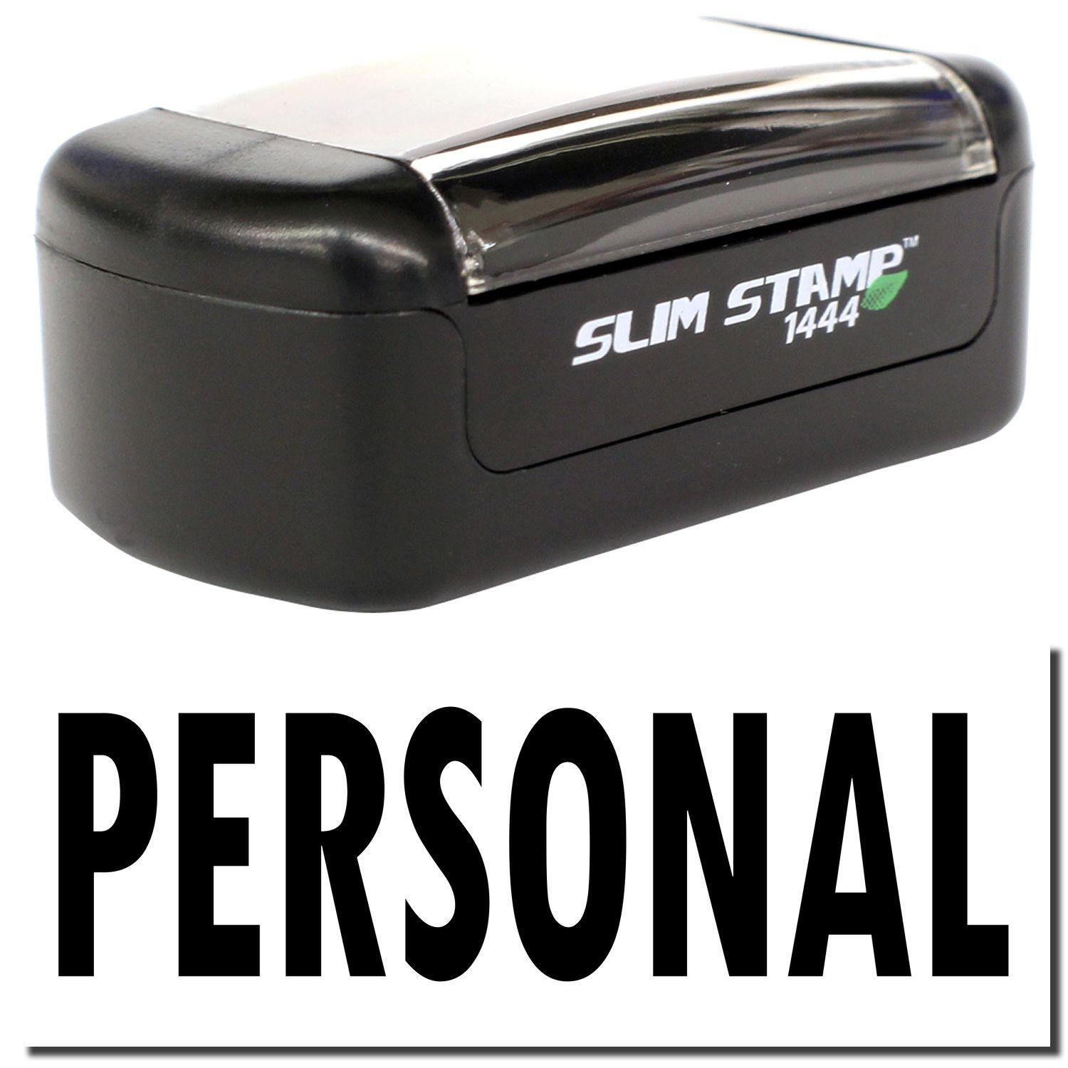 Slim Pre-Inked Personal Stamp in black with a compact design, shown with the word PERSONAL in bold letters below it.