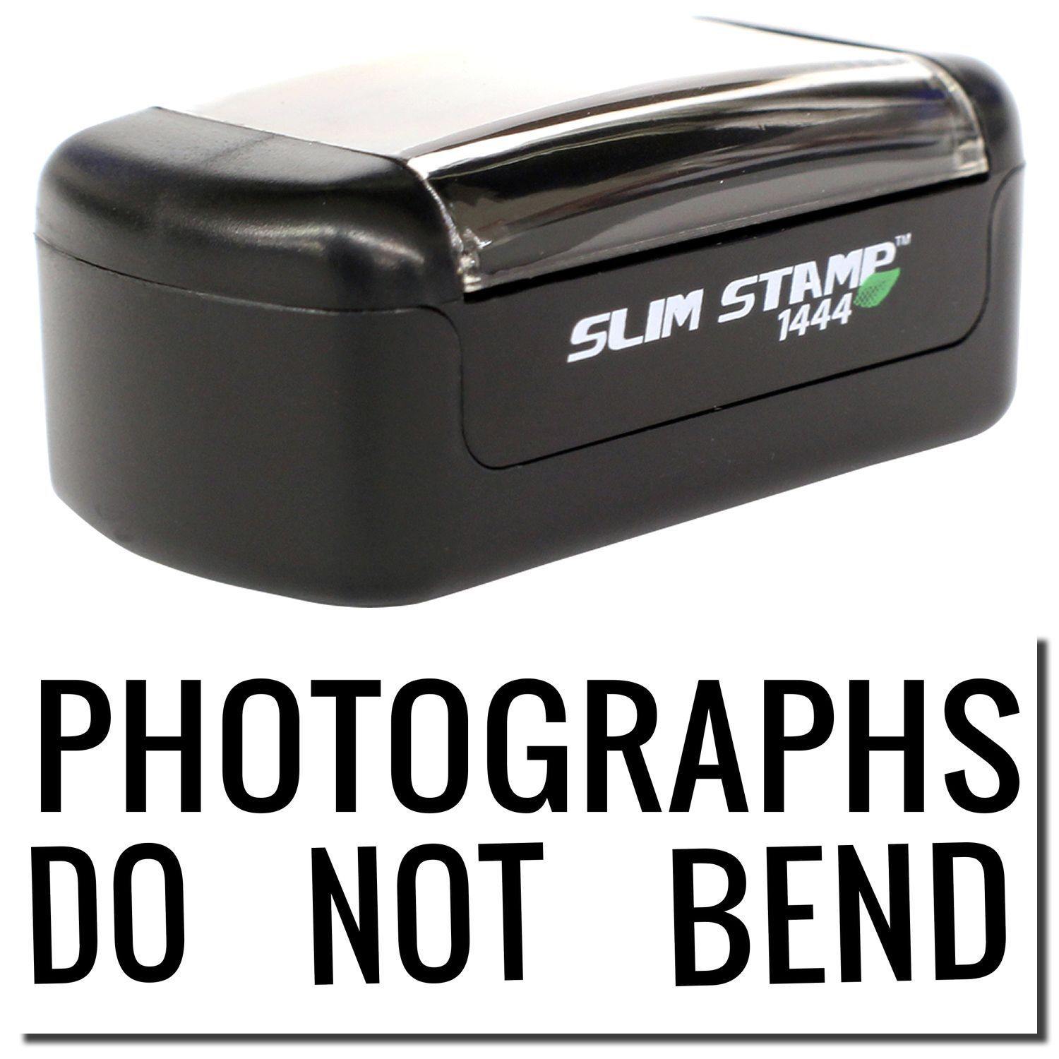 Slim Pre-Inked Photographs Do Not Bend Stamp in black with clear cover, shown with text PHOTOGRAPHS DO NOT BEND below.