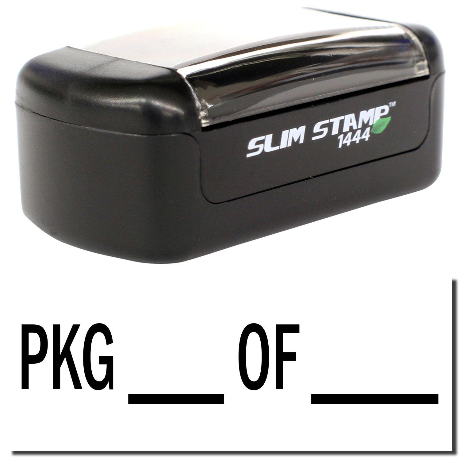 Slim Pre-Inked Pkg Of Stamp, black, compact design with clear cover, labeled SLIM STAMP 1444 and green leaf logo.