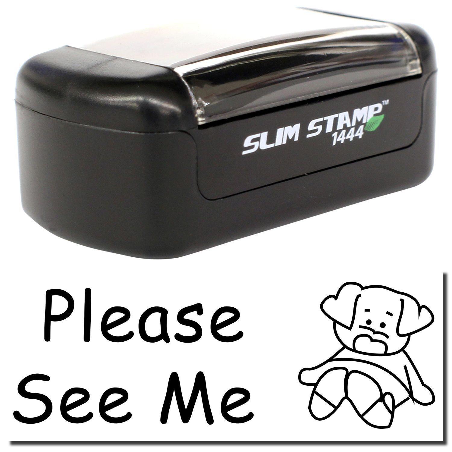 Slim Pre-Inked Please See Me Stamp in black with a clear cover, featuring a Please See Me message and a cartoon character.