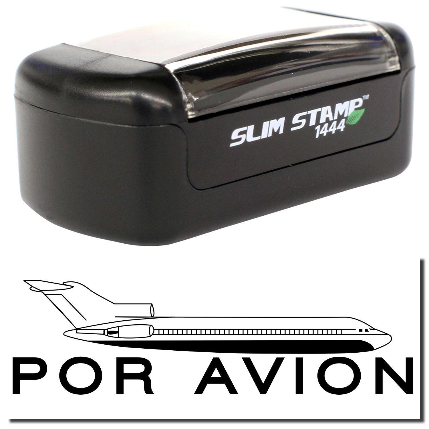 Slim Pre-Inked Por Avion Stamp in black, featuring a compact design with an airplane graphic and POR AVION text below.