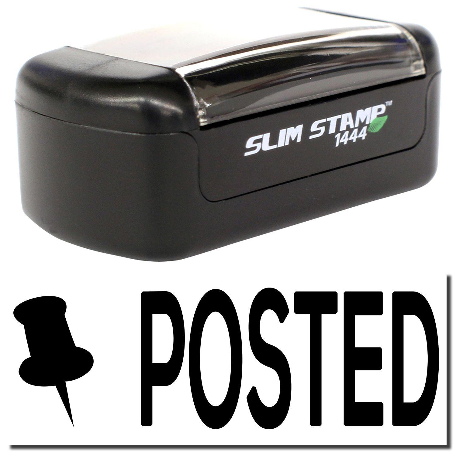 Slim Pre-Inked Posted with Thumbtack Stamp, black casing, clear cover, and POSTED text with thumbtack icon below.