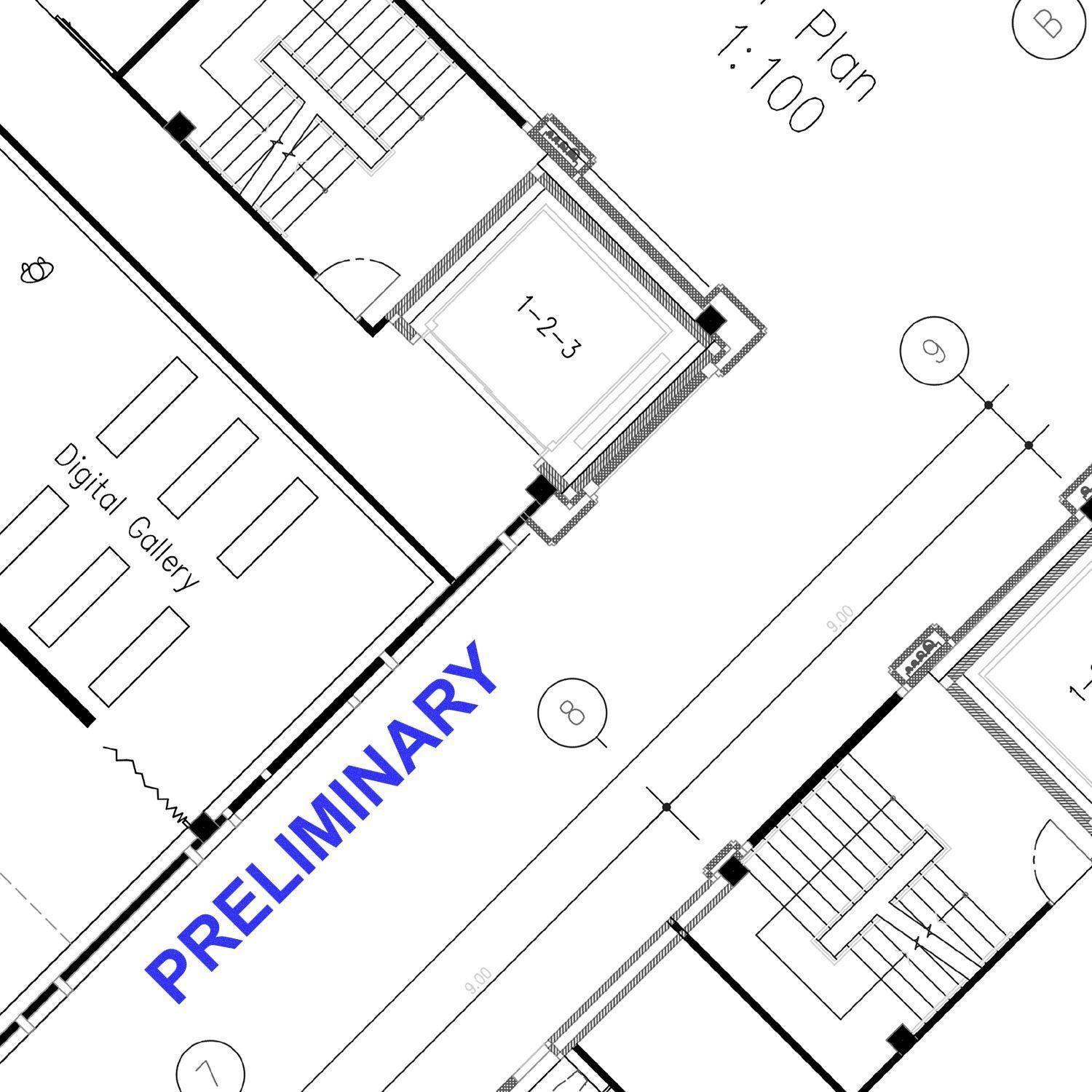 Architectural blueprint stamped with a blue Slim Pre-Inked Preliminary Stamp indicating 'PRELIMINARY' in bold letters.