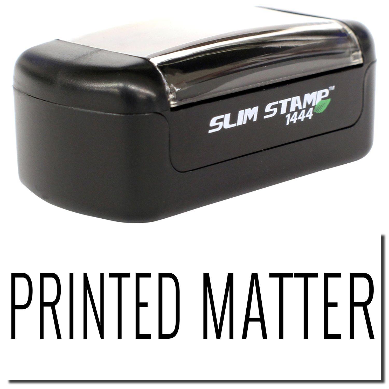 Slim Pre-Inked Printed Matter Stamp in black with a compact design, featuring the text Printed Matter below the stamp.