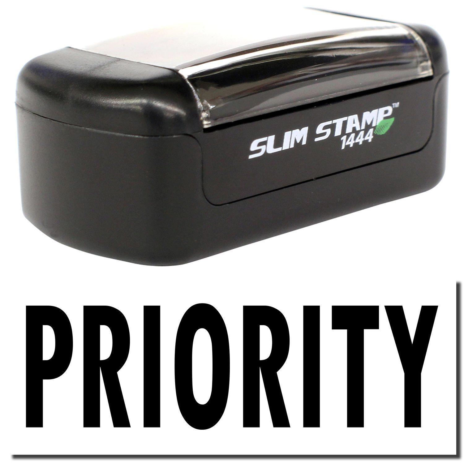 Slim Pre-Inked Priority Stamp in black with PRIORITY text displayed below. Compact and efficient for marking priority items.