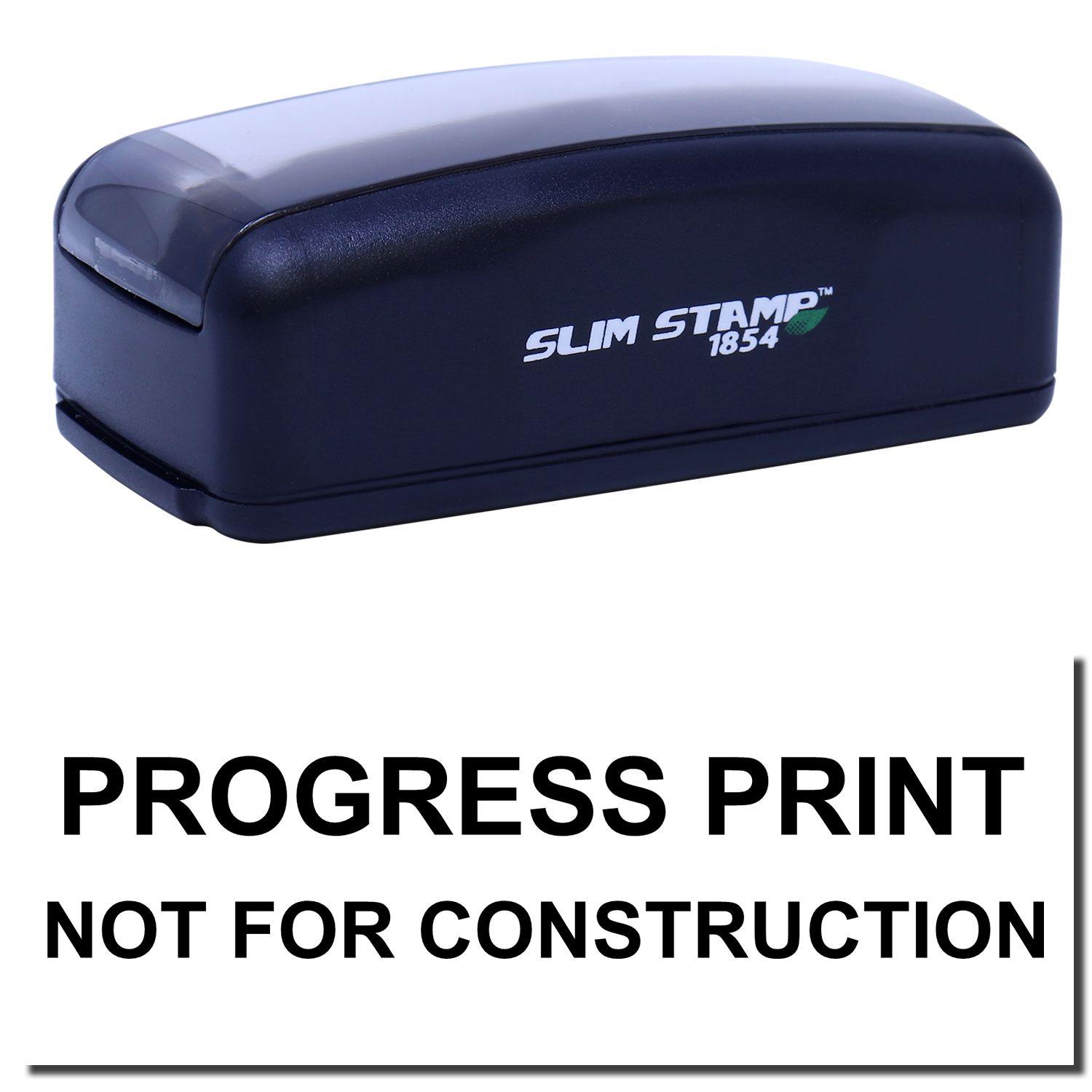 Slim Pre-Inked Progress Print Stamp with black casing and PROGRESS PRINT NOT FOR CONSTRUCTION text displayed below.