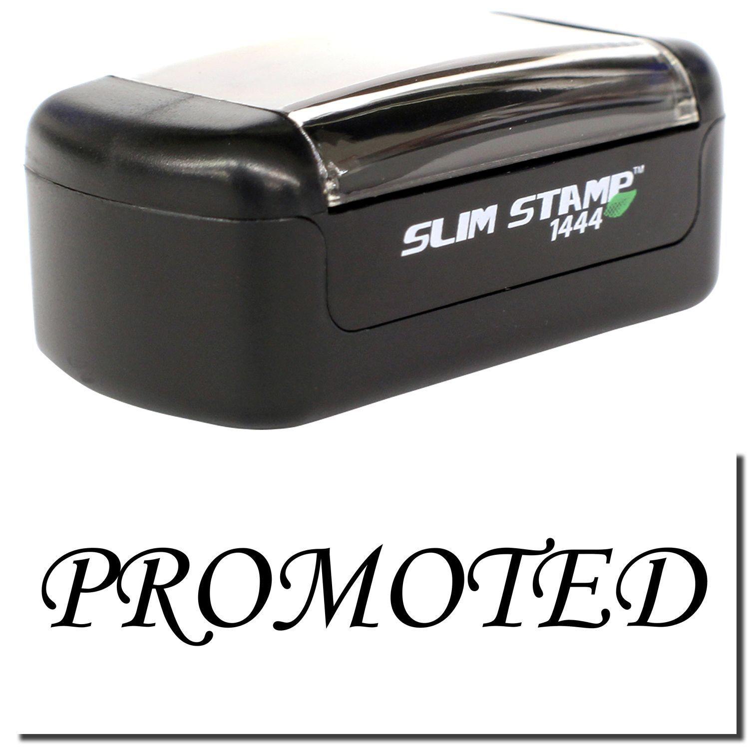 Slim Pre-Inked Promoted Stamp in black with clear cover, showing the word PROMOTED in elegant script below the stamp.