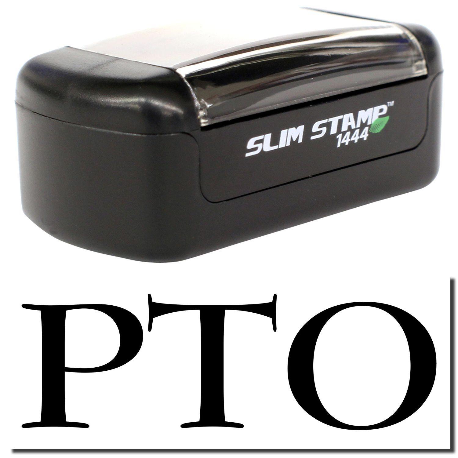 Slim Pre-Inked PTO Stamp with black casing and clear cover, displaying the letters 'PTO' in bold below the stamp.