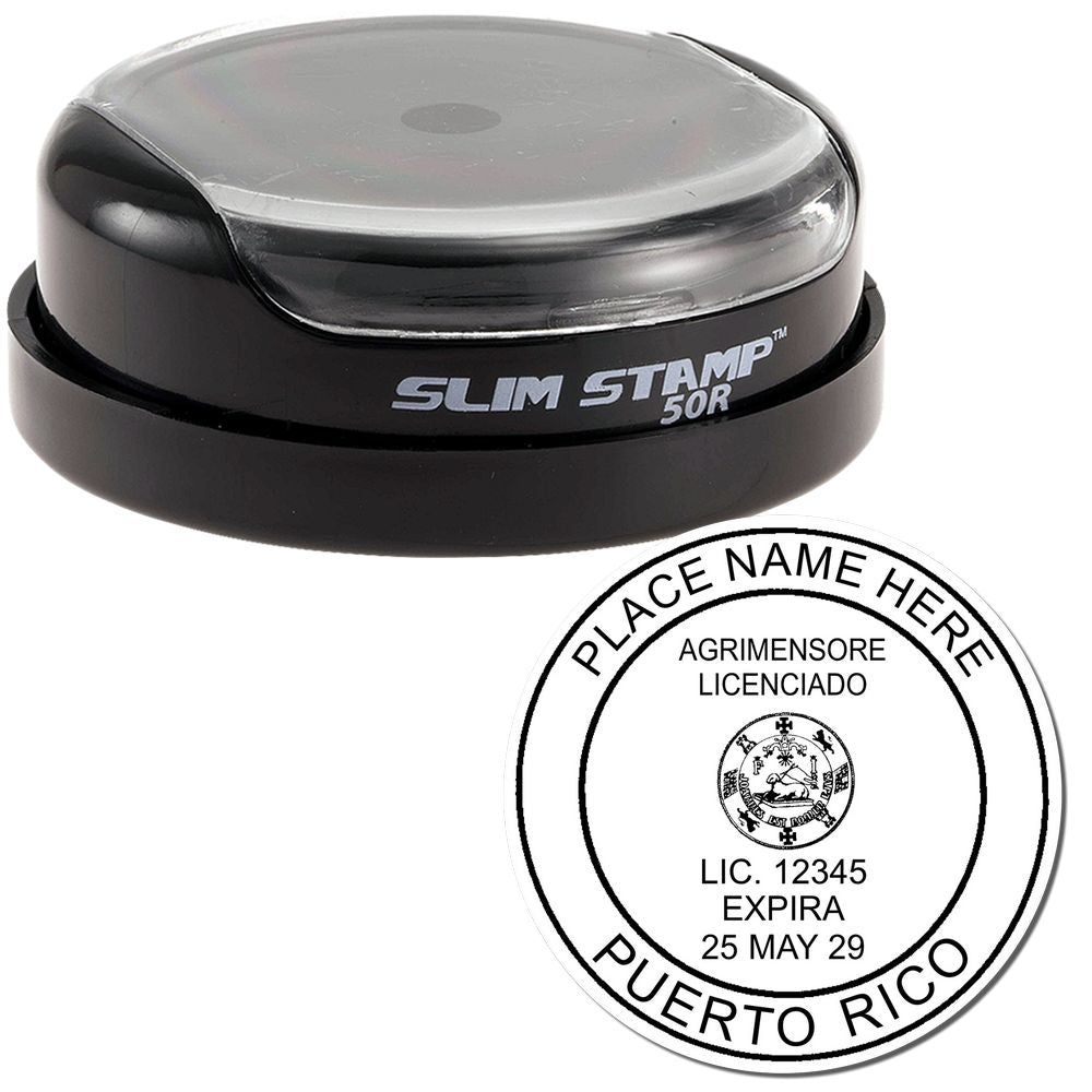 The main image for the Slim Pre-Inked Puerto Rico Land Surveyor Seal Stamp depicting a sample of the imprint and electronic files