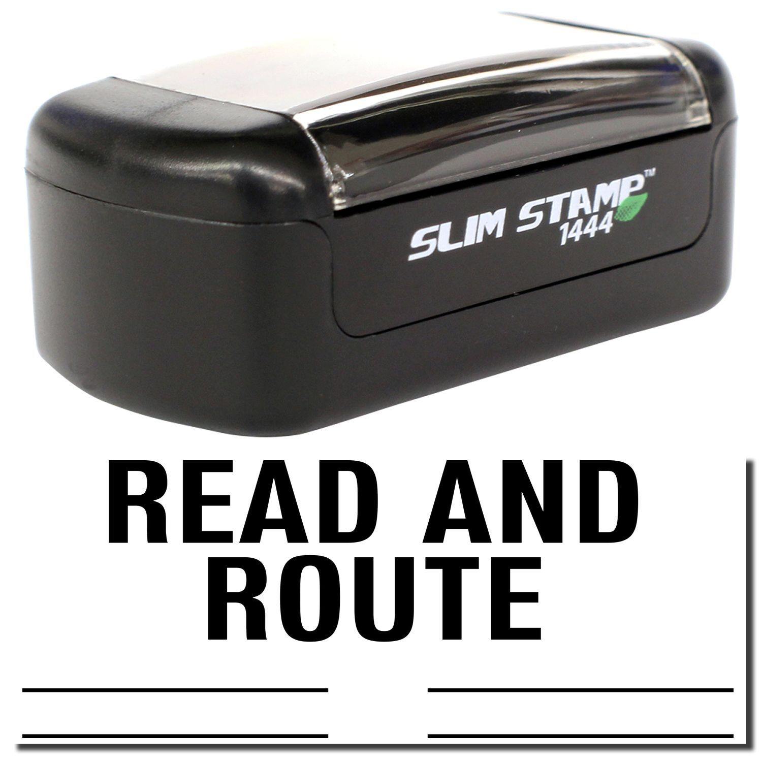 Slim Pre-Inked Read and Route with Lines Stamp in black, featuring a compact design and clear 'Read and Route' text.