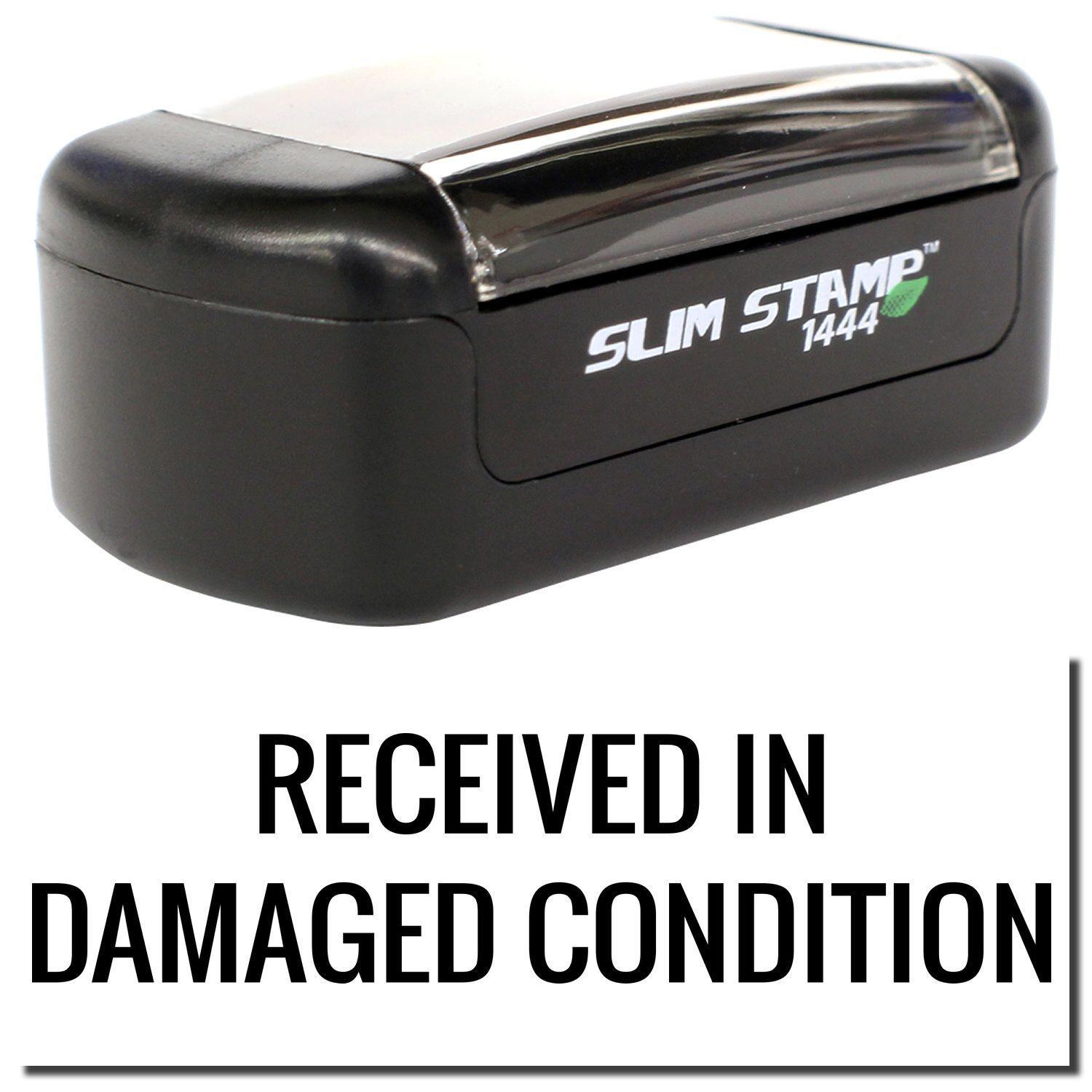 Slim Pre-Inked Received in Damaged Condition Stamp, black, with clear cover, and text RECEIVED IN DAMAGED CONDITION below.