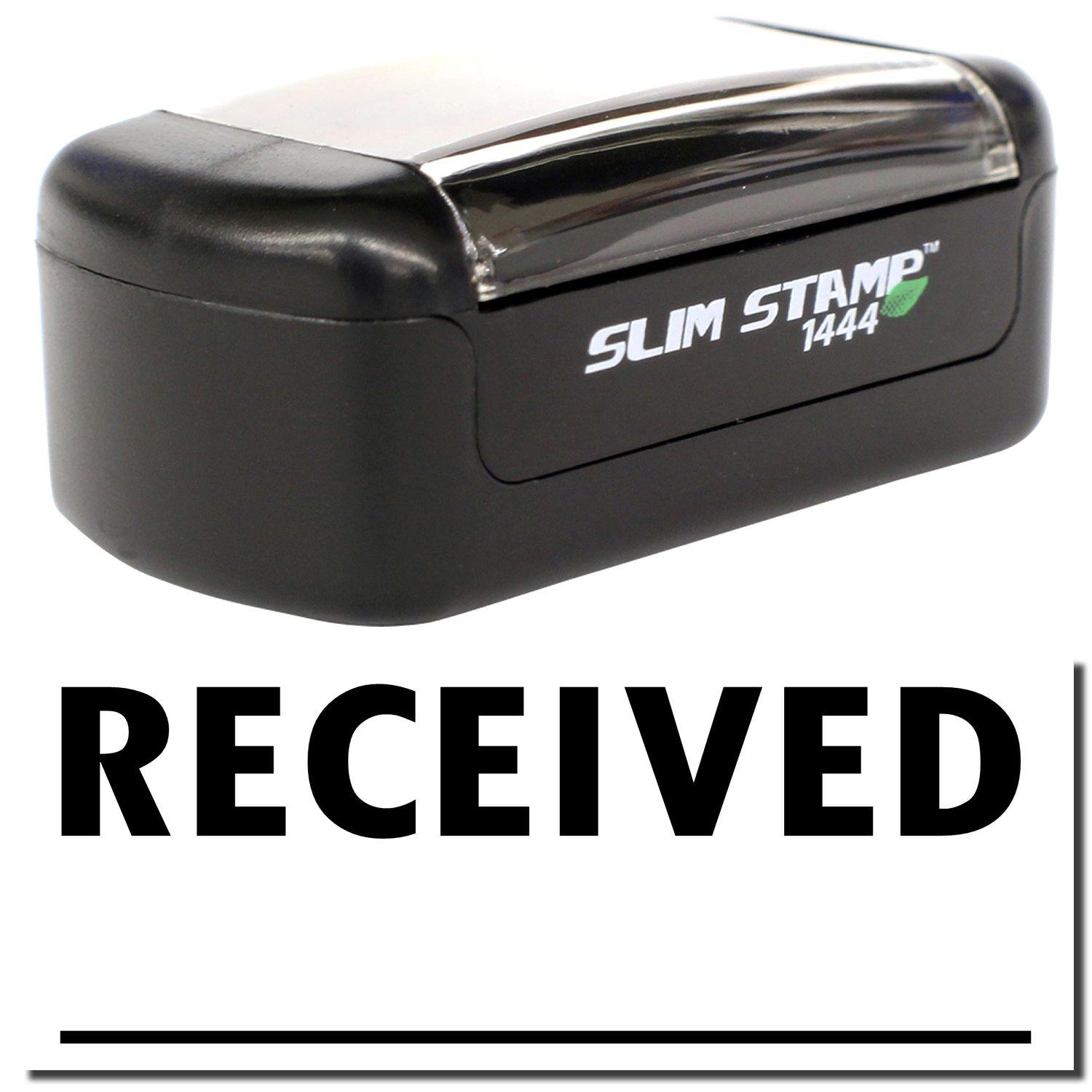 Slim Pre-Inked Received Stamp Two Lines, black, compact design with 'RECEIVED' text in bold below the stamp.