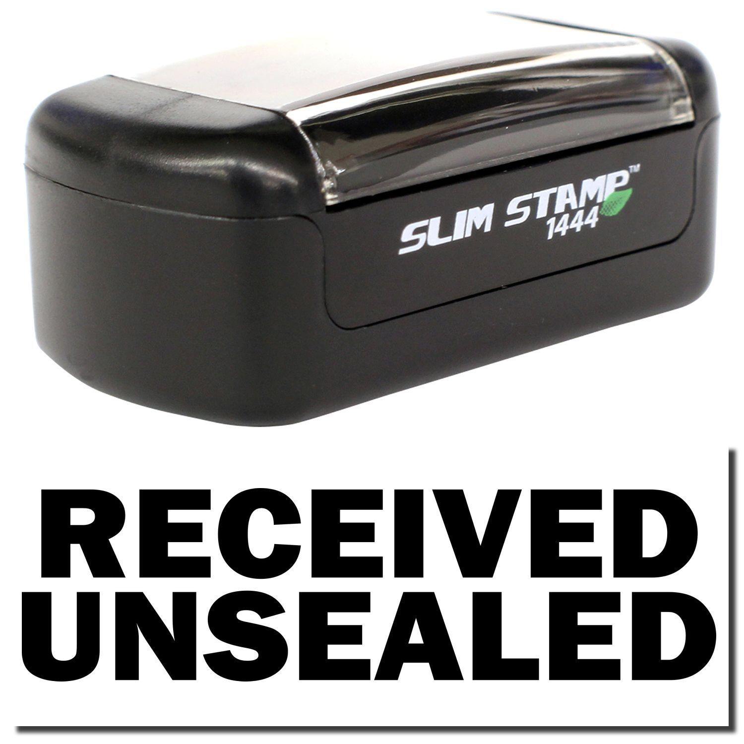 Slim Pre-Inked Received Unsealed Stamp in black, featuring a compact design with the text RECEIVED UNSEALED below the stamp.