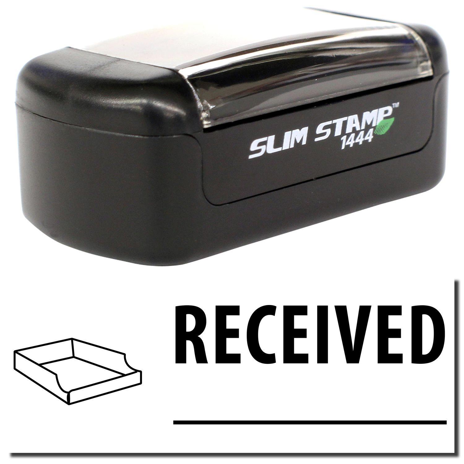 Slim Pre-Inked Received with Box Stamp, black, with RECEIVED text and a box icon, shown with a protective cover.