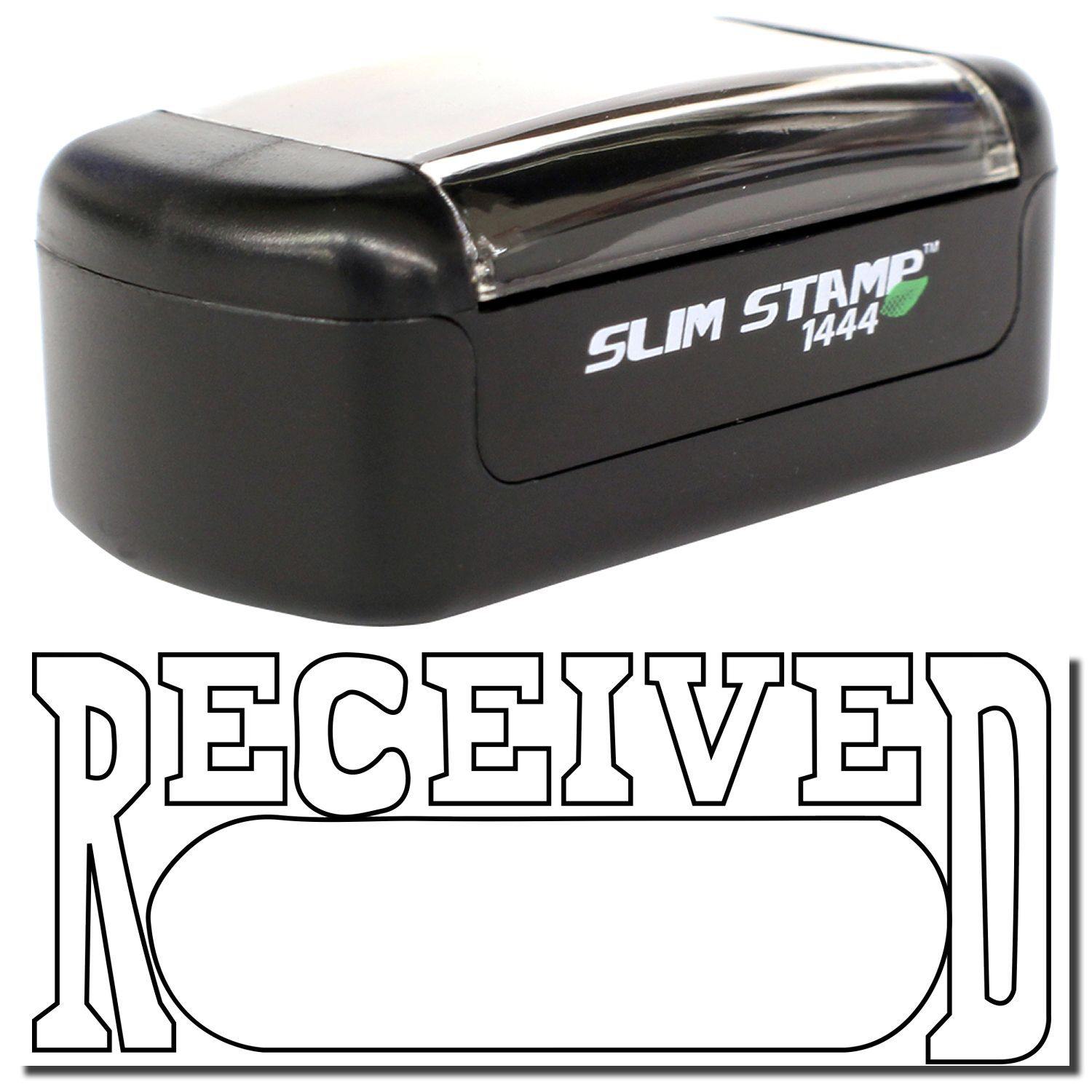 Slim Pre-Inked Received with Date Box Stamp in black, showing the word RECEIVED with a blank date box below.