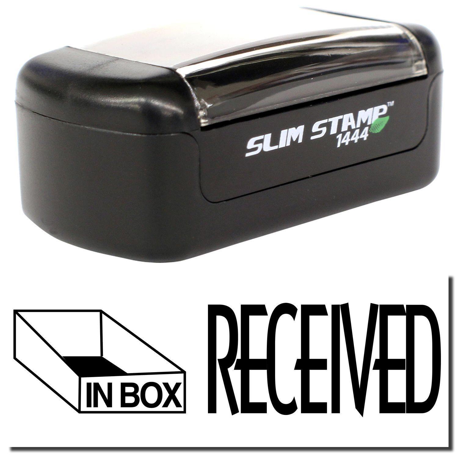 Slim Pre-Inked Received with Inbox Icon Stamp, black, compact design, shown with IN BOX and RECEIVED text and icons.