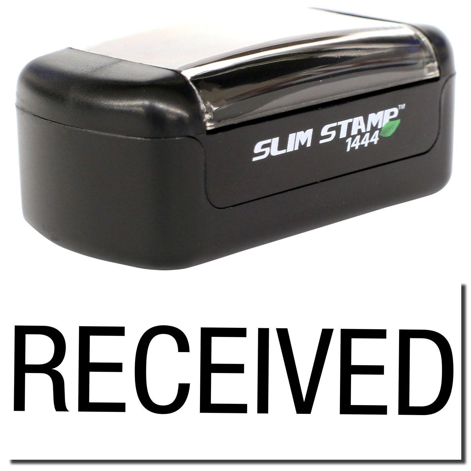 Slim Pre-Inked Received Stamp in black with clear cover, shown with the word RECEIVED stamped in bold black letters.