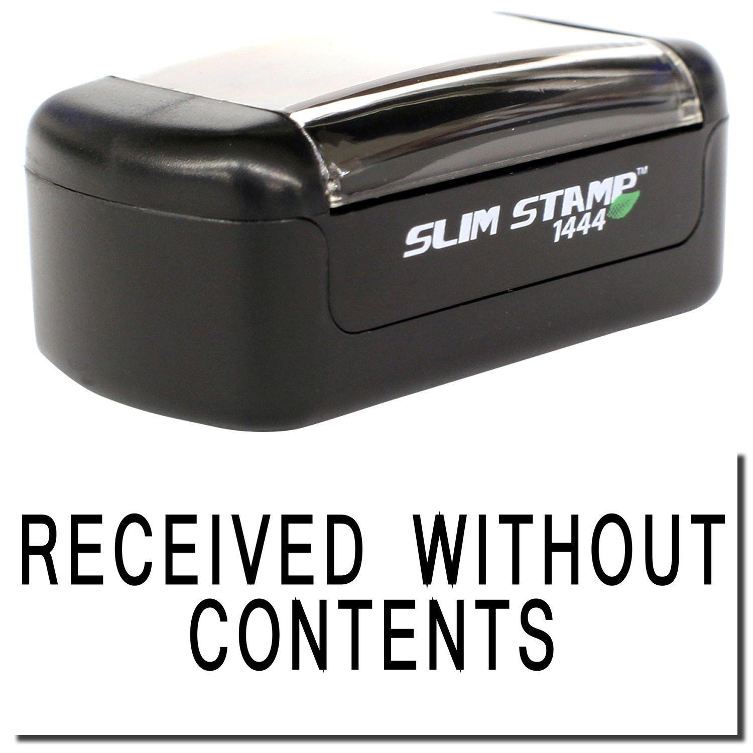 Slim Pre-Inked Received Without Contents Stamp in black, featuring a compact design with clear imprint text 'RECEIVED WITHOUT CONTENTS'.