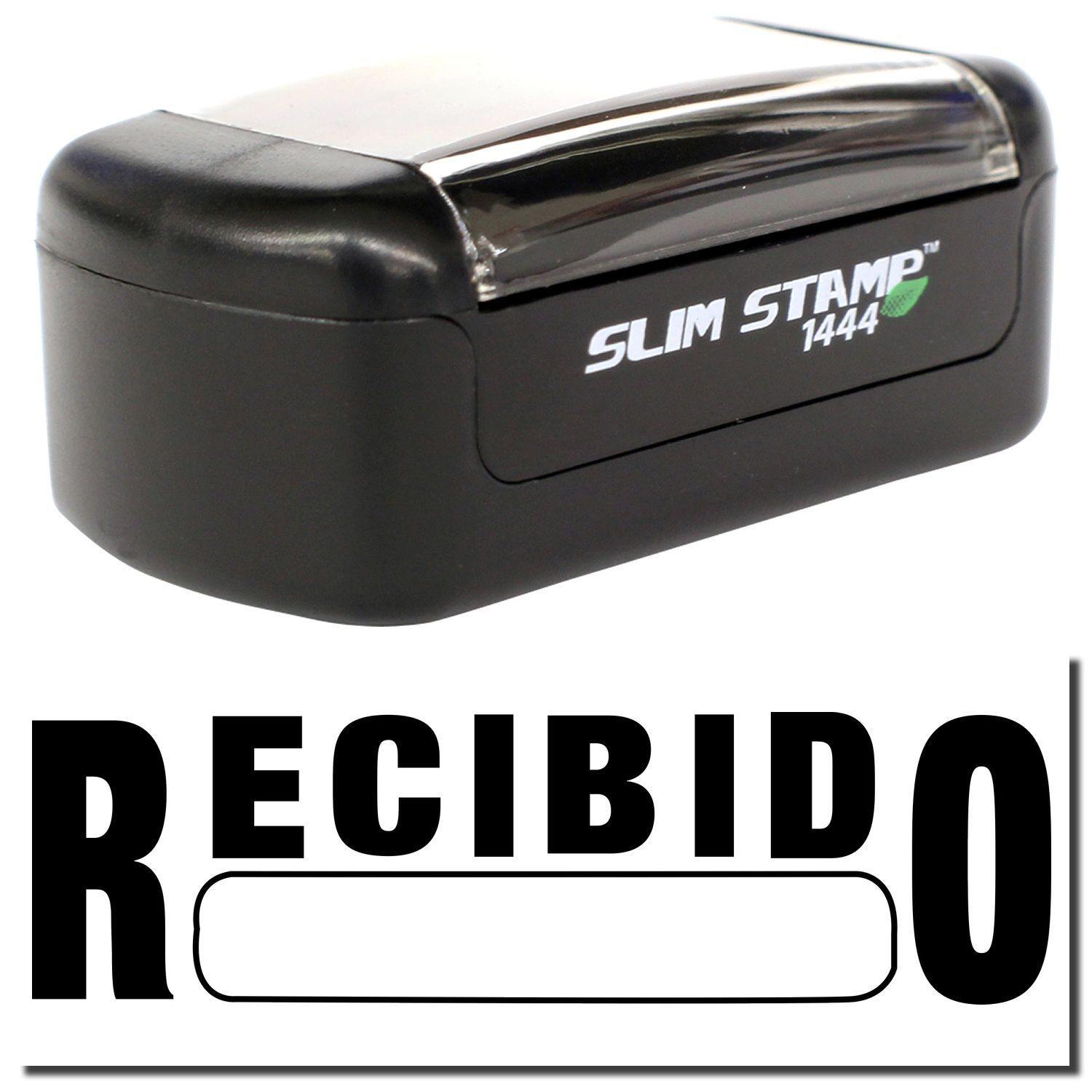 Slim Pre-Inked Recibido Stamp with black casing and clear cover, showing the word 'RECIBIDO' in bold letters.