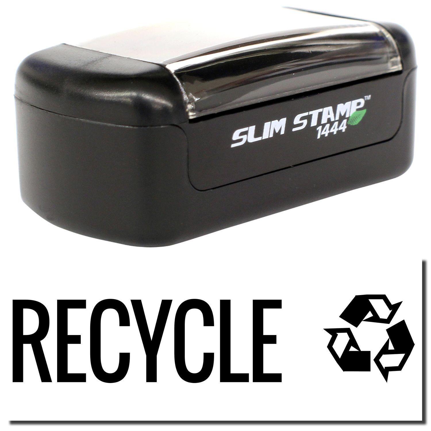 Slim Pre-Inked Recycle with Logo Stamp, black, compact design with SLIM STAMP 1444 text and recycle symbol on the side.