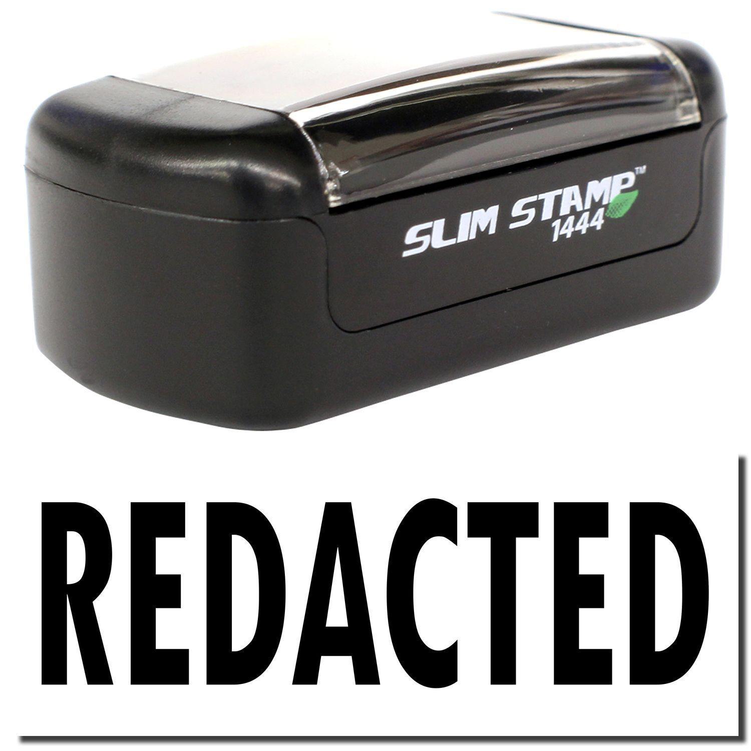 Slim Pre-Inked Redacted Stamp with black casing and clear cover, displaying the word 'REDACTED' in bold black letters.