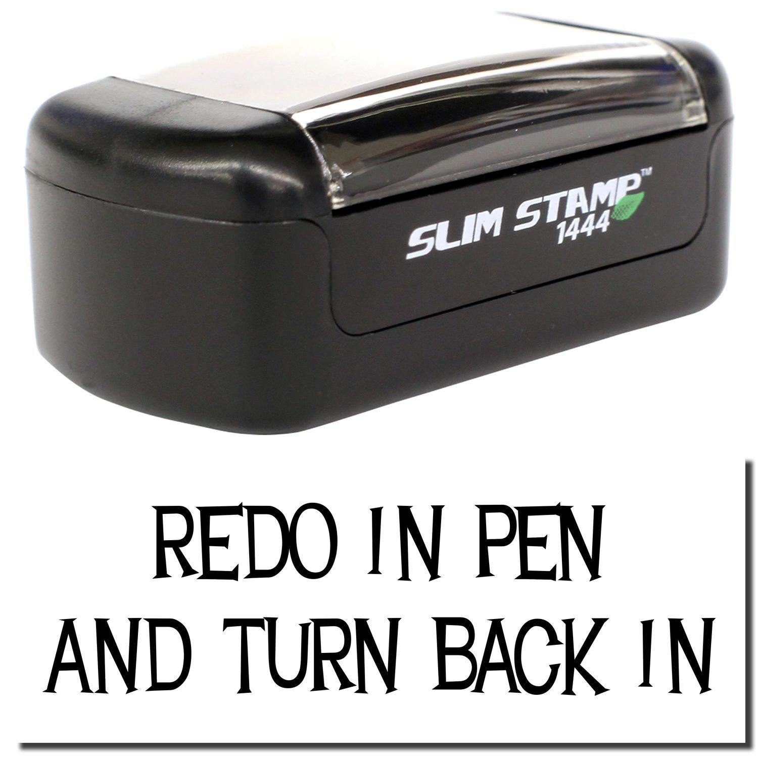 Slim Pre-Inked Redo In Pen And Turn Back In Stamp, black, compact design, with clear cover and text on the bottom.