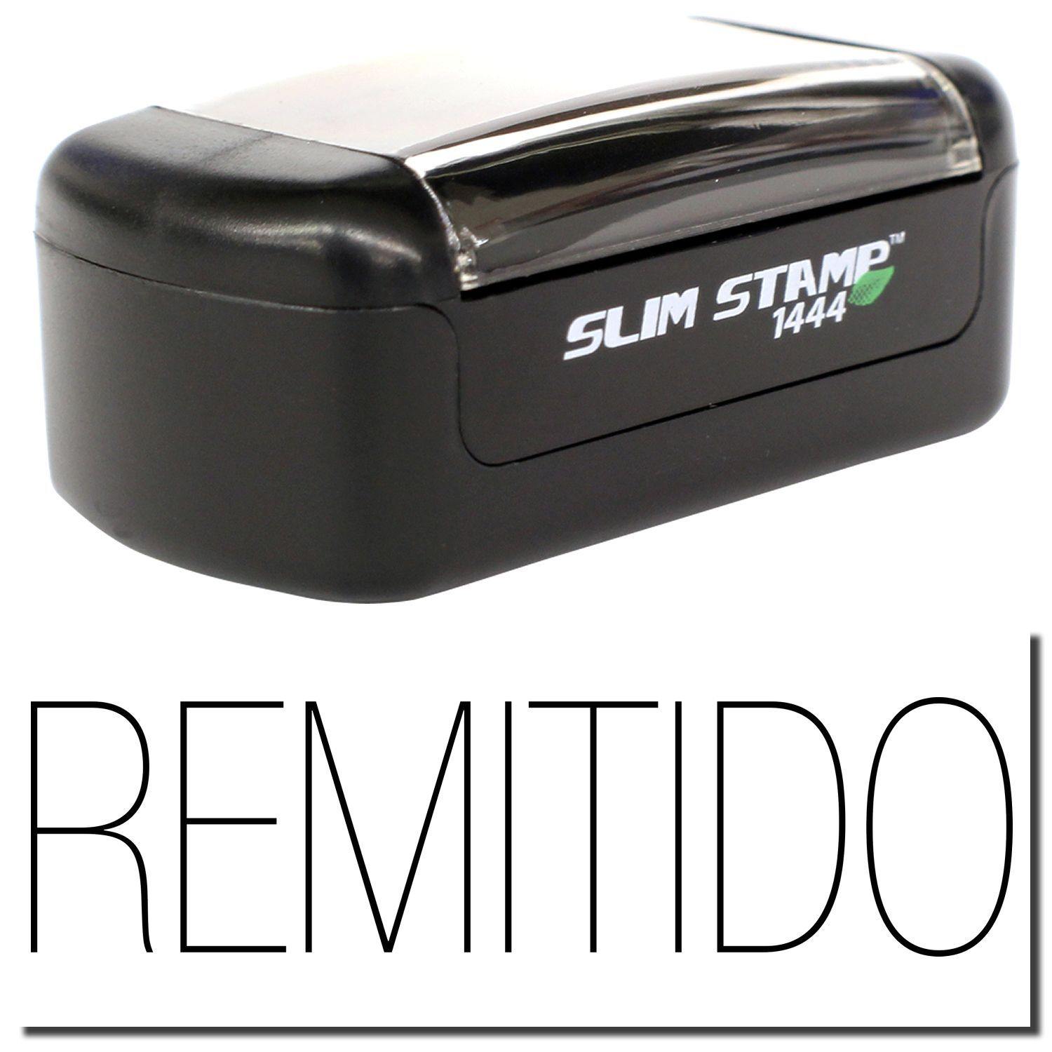 Slim Pre-Inked Remitido Stamp with black casing and clear cover, displaying the word REMIDITO in large letters below.