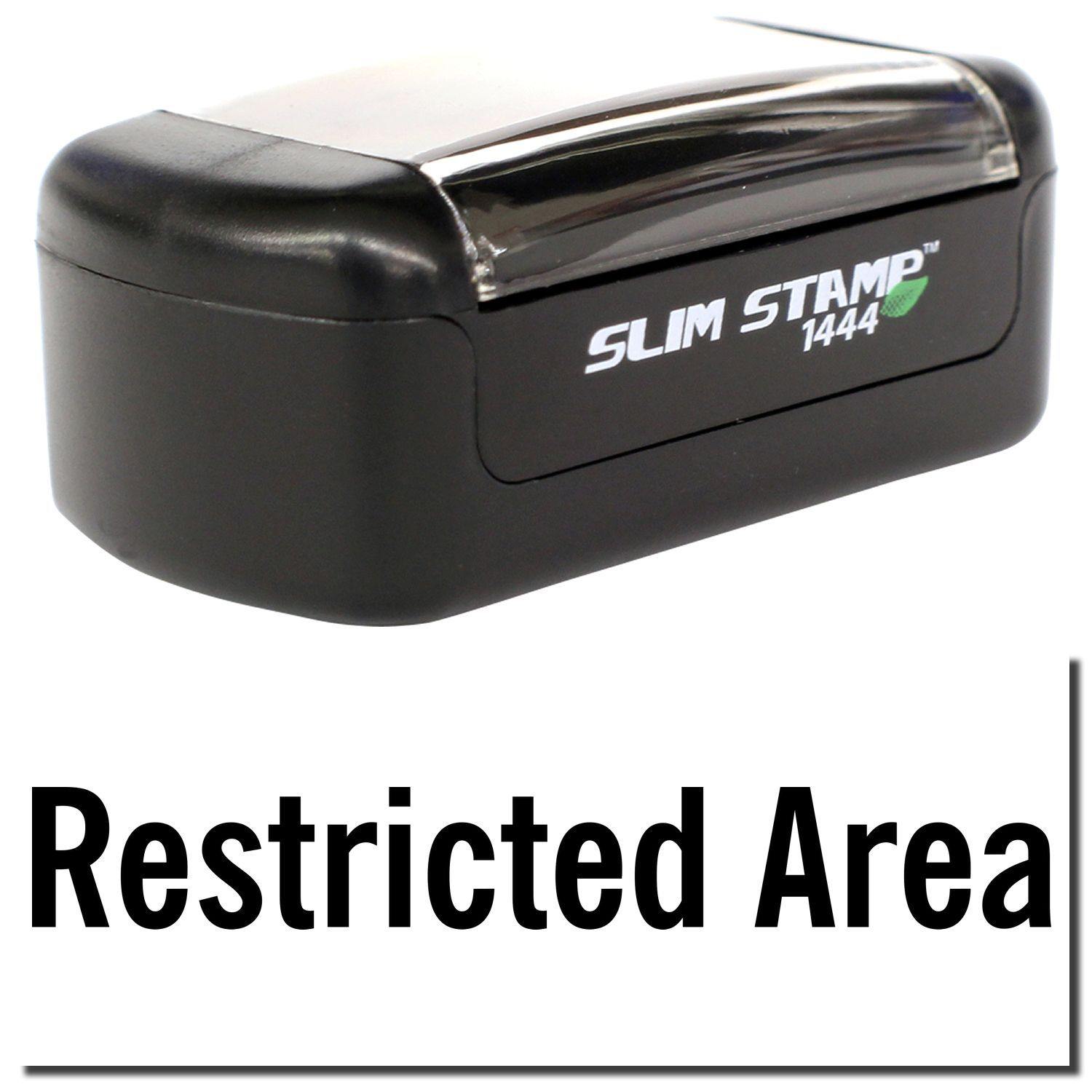 Slim Pre-Inked Restricted Area Stamp in black, with the text Restricted Area displayed below the stamp.