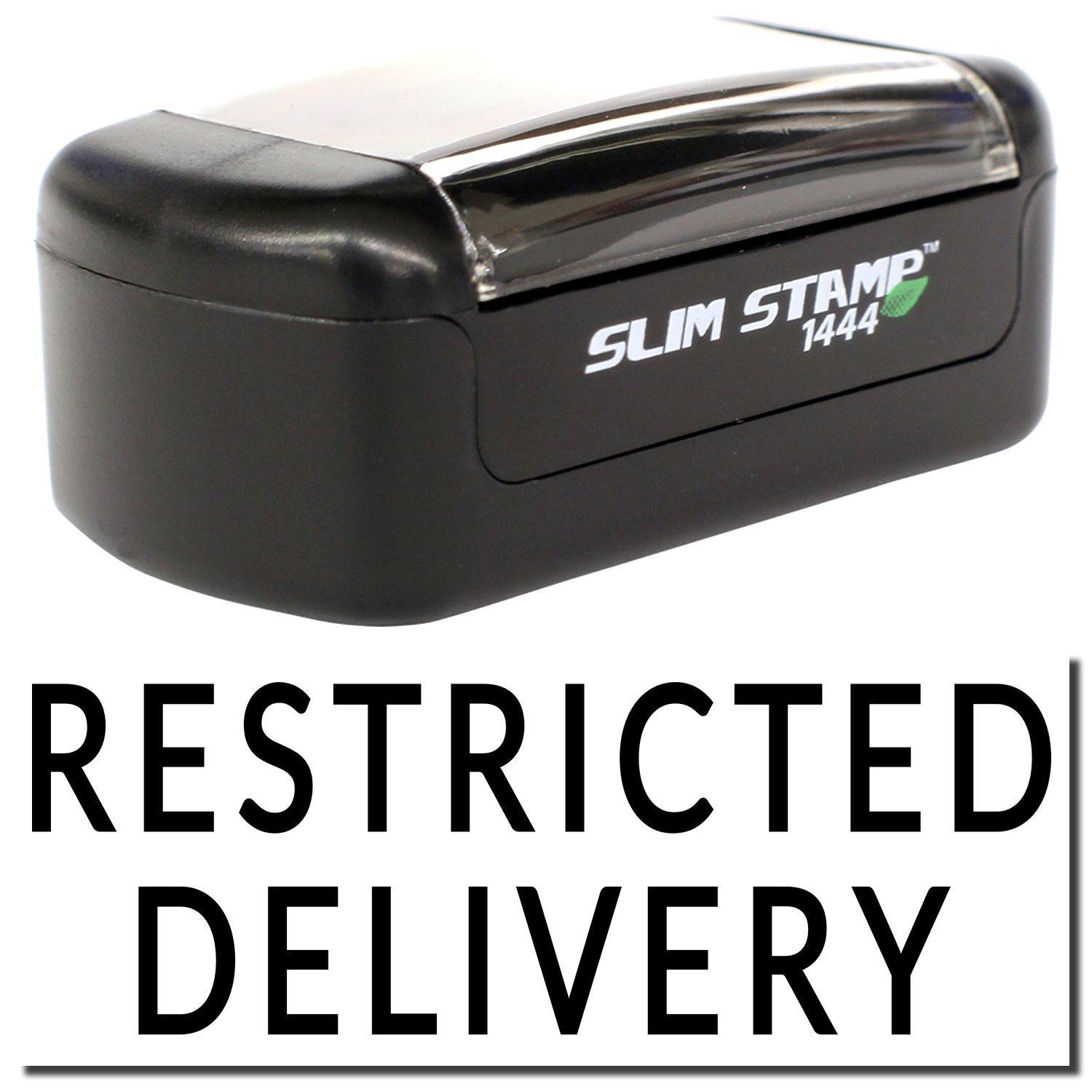 Slim Pre-Inked Restricted Delivery Stamp in black with SLIM STAMP 1444 branding, shown above the text RESTRICTED DELIVERY.