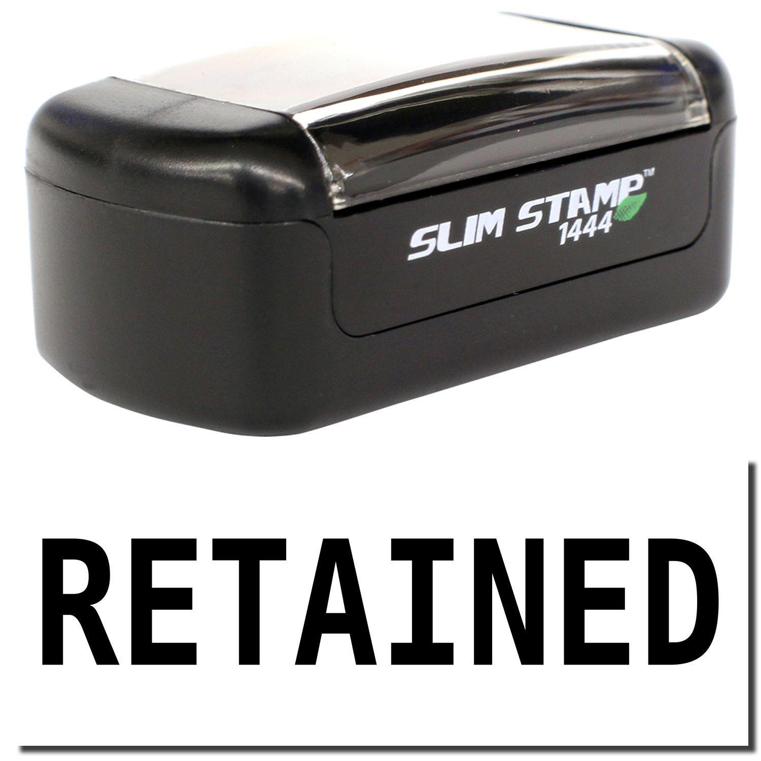 Slim Pre-Inked Retained Stamp in black with RETAINED text displayed below. Compact design for efficient stamping.