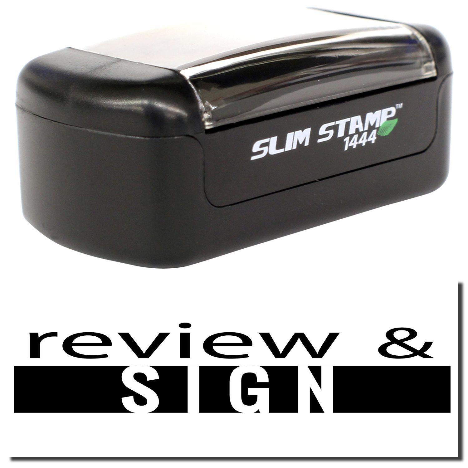 Slim Pre-Inked Review and Sign Stamp with black casing and clear cover, featuring review & sign text below the stamp.