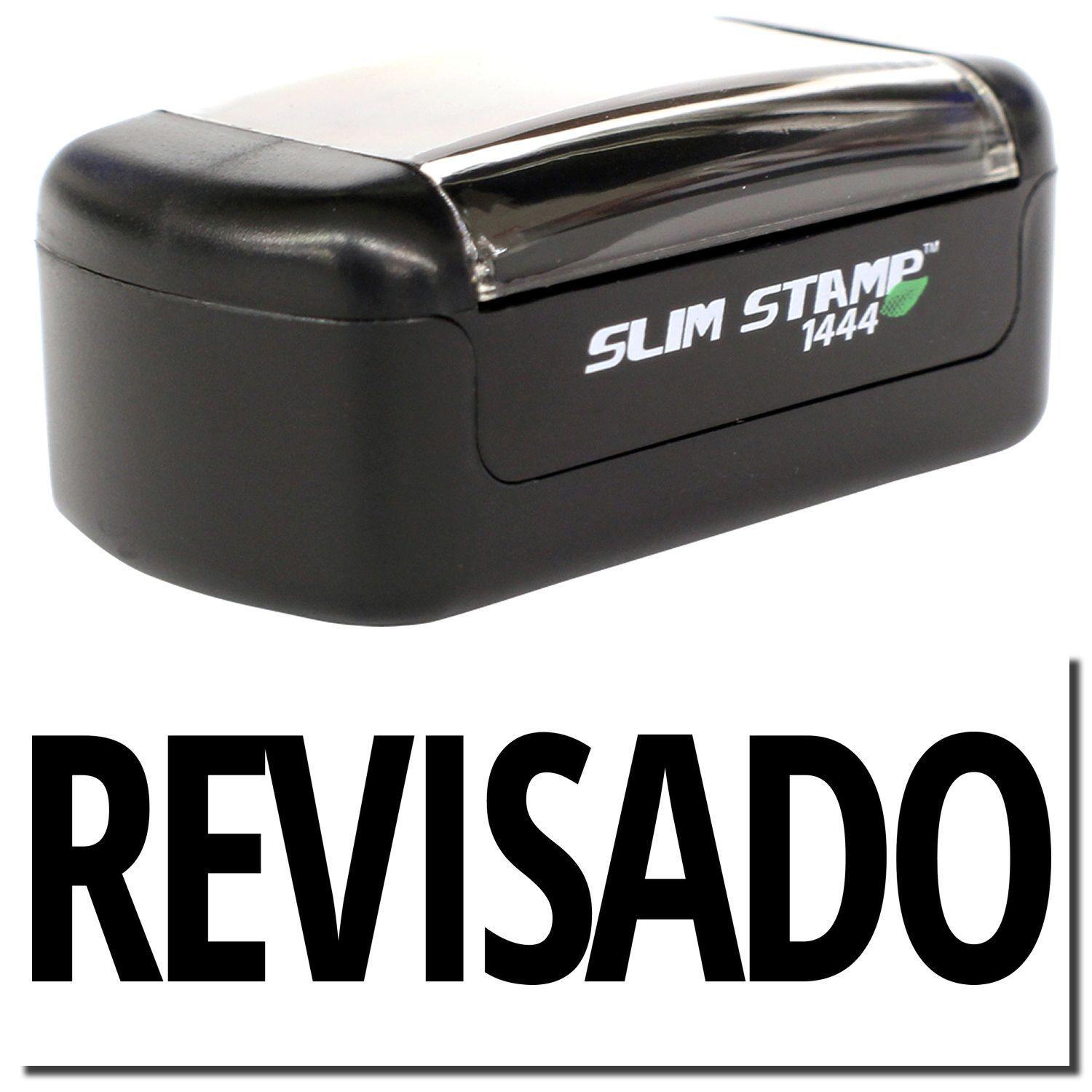 Slim Pre-Inked Revisado Stamp with black casing and clear top, displaying the word REVISADO in bold black letters.